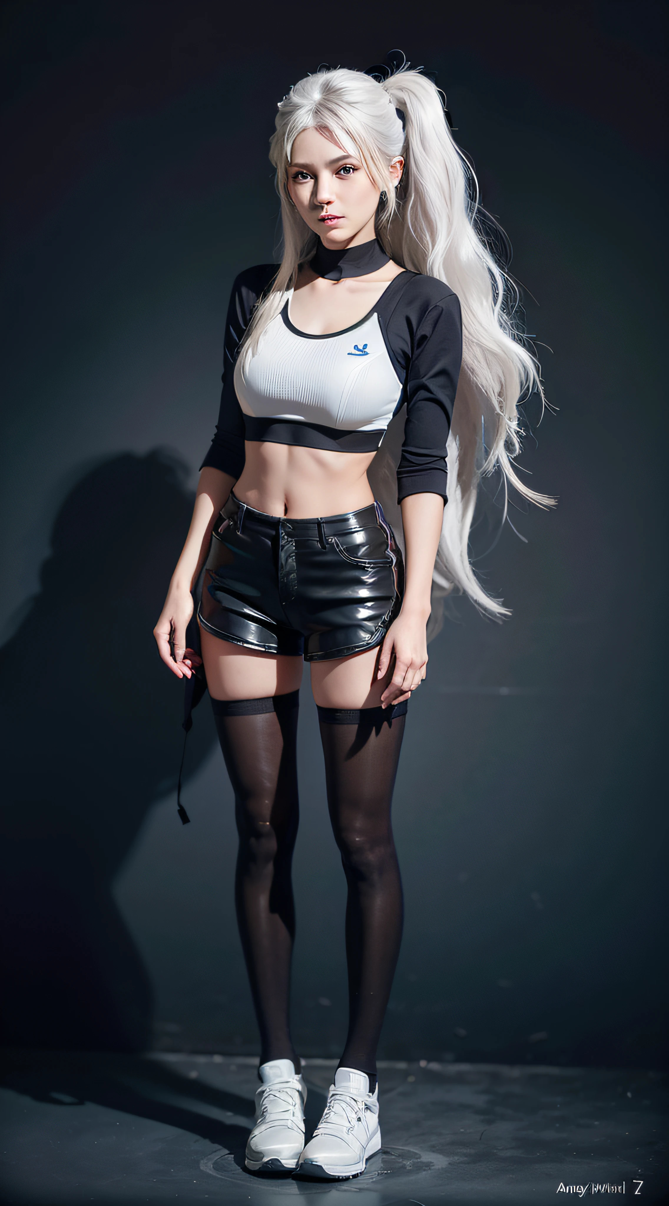 (front focus), (in the dark: 1.6), surrealistic female portraits by David Hockney and Alphonse Mucha, fantasy art, photorealism, dynamic lighting, artstation, poster, volumetric lighting, very detailed faces, 4 k, pantyhose, shorts, 1girl, in the dark, deep shadow, low key, cowboy shot, (official uniform: 1.4), long hair, gray hair, beauty, ((clothes damaged)), ((((Shy))),(Legs apart)))), ((Sports Bra)), (Shorts), Full Body Drawing, Ultra Detailed, Master Artwork, Highest Quality, 8K Resolution, (Fine Details), ((Extreme Color))), Beautiful Eyes ((Two Side Up), (Detailed Picture Section), White Stockings Strangle, ((Long White Hair, Messy))