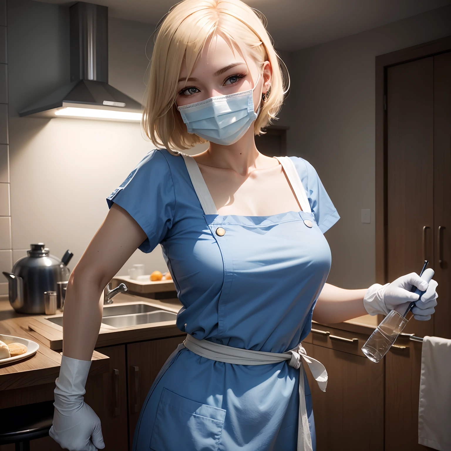 norwegian woman、20yr old、Smiling gaze、Human skin feel、Realistic Woman、a blond、Wearing a blue paper apron and white scrub、Dental Hygienist、dentistry、dentist、Solo Shot、short-cut、surgical mask、masks、gloves、rubber glove、Golden hair shortcut