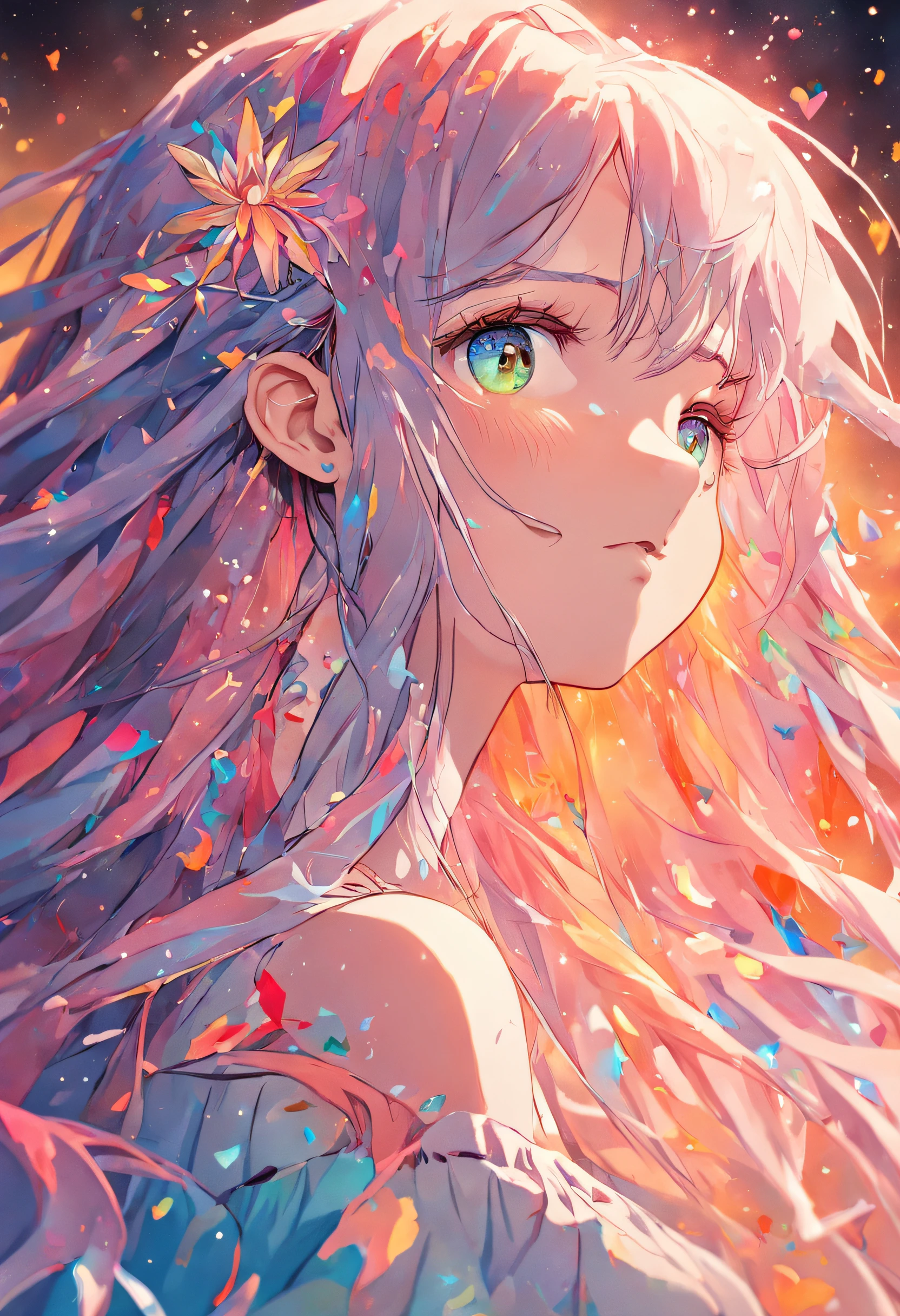 (Beauty side face,Long colored hair,close eyes,Masterpiece narcissus),rainbow colored background, (illustration:1.2,paper art:1.2, zentangle, 3D render),(Best quality, high detailed, Masterpiece, Cinematic Lighting, 4K, Chiaroscuro)