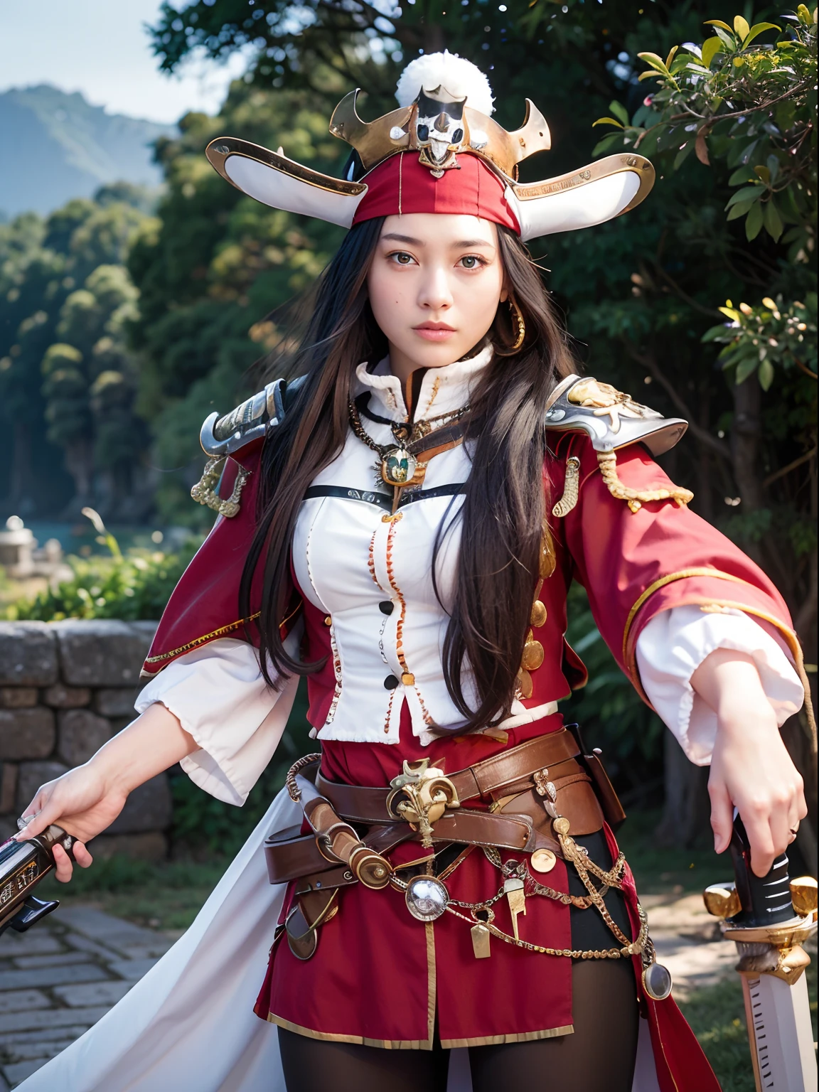 Professional , masterpiece、top-quality、photos realistic , depth of fields (Gemstone Silver Metal Body:1.9),(Matte White、()、Jewel Gold Weapon、(Gorgeous castle background)、(Put on a pirate hat)、(Jewel Metal Body:1.4),Gorgeous Jewel Metal Weapons , Detailed Sword of the Brave ,( girl) 、 warhammer 40k ,japanes、独奏、Black hair、(Gangle's forest background)、Beautiful Caucasian beauty、1a person、dynamic ungle,(((Pirate Hat)))、a small face、A smile、Powerful poses、(Gorgeous castle background)、huge filesize、20 year old beautiful woman、Stand in the center of the screen、Thin female fingers、Straight long hair、Beautiful Caucasian beauty、Whole body、Slender Abs、The port town、