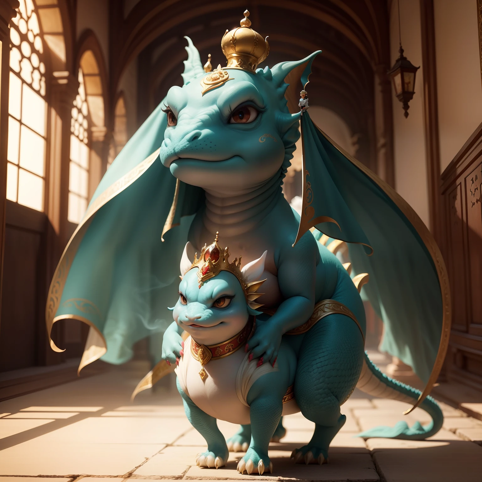 "The picture depicts the Queen's Palace,Curvaceous posture,Like a genie。In the palace,Young dragons come to life perched on the queen's shoulders,In exuberant spirits。smooggy,Create a mysterious palace scene。"