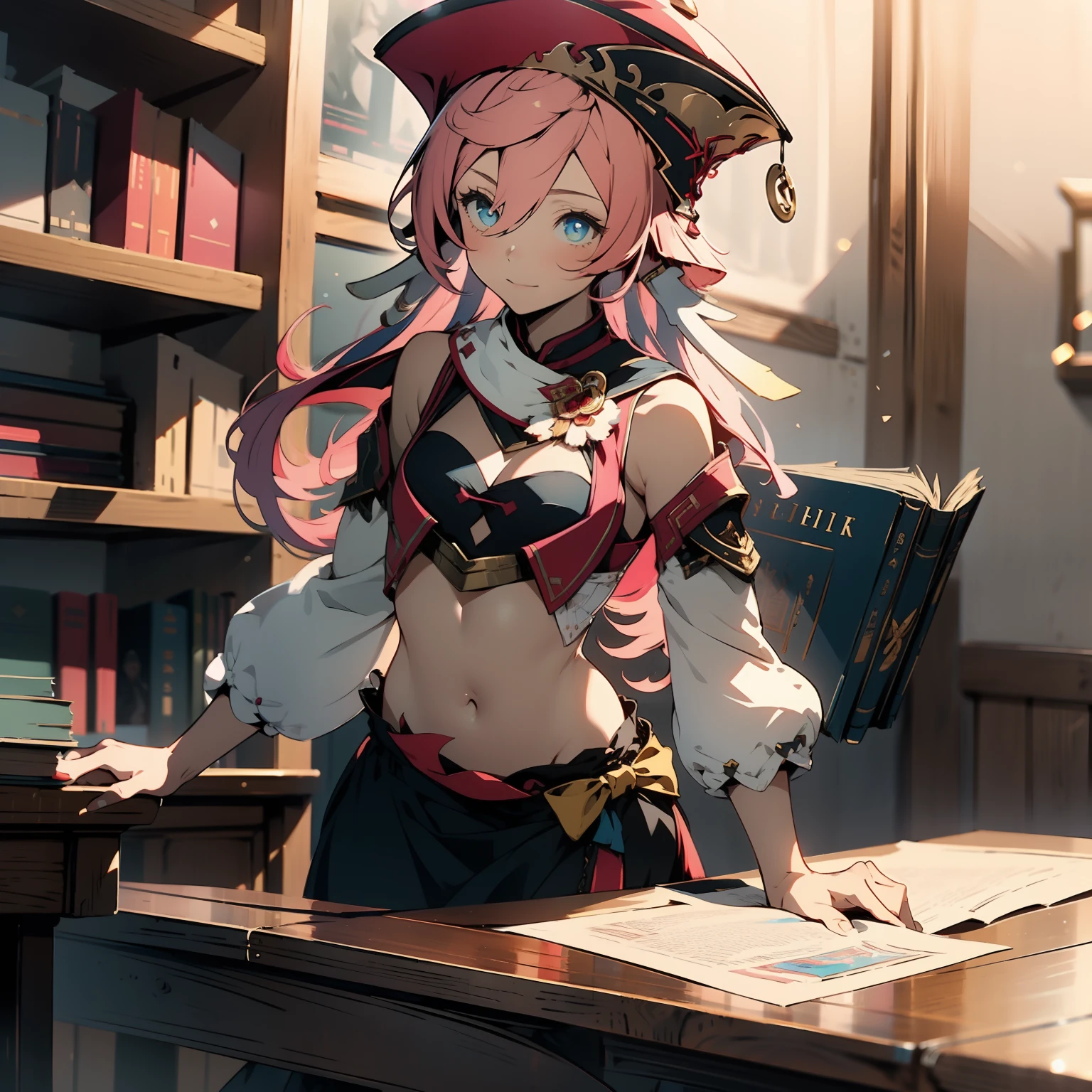 1girl, (solo:1.2), ((masterpiece)), [slim], (small chest), pale skin, ((detailed eyes)), (bokeh effect), (dynamic angle), visible bellybutton, dynamic pose, blue hair, cheerful, pink hair, white horns on sides, red hat, inside the court, judge, wooden table with books and paper, the court room