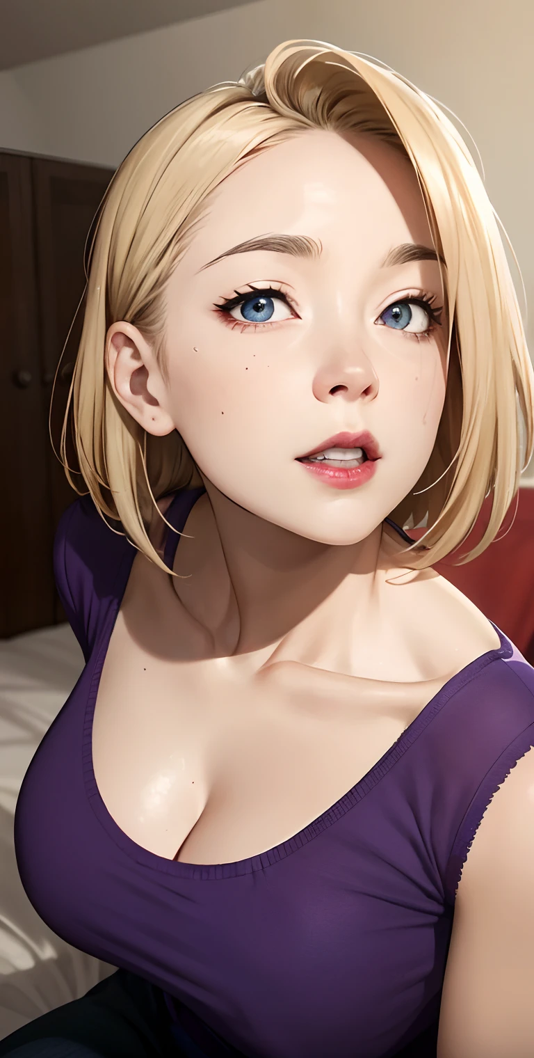 realisticlying、45-year-old girl、Wearing a purple t-shirt,Face enhancement,Chest super large zoom,Cleavage emphasis,Looking up from the bottom,Hair blonde,Blue eyes、Blushing,Red lips,A sexy,Bed sit,Open your mouth wide to the maximum、Put your arms around the back of your head、Wearing underwear,Wrinkles between the eyebrows,Sweaty face