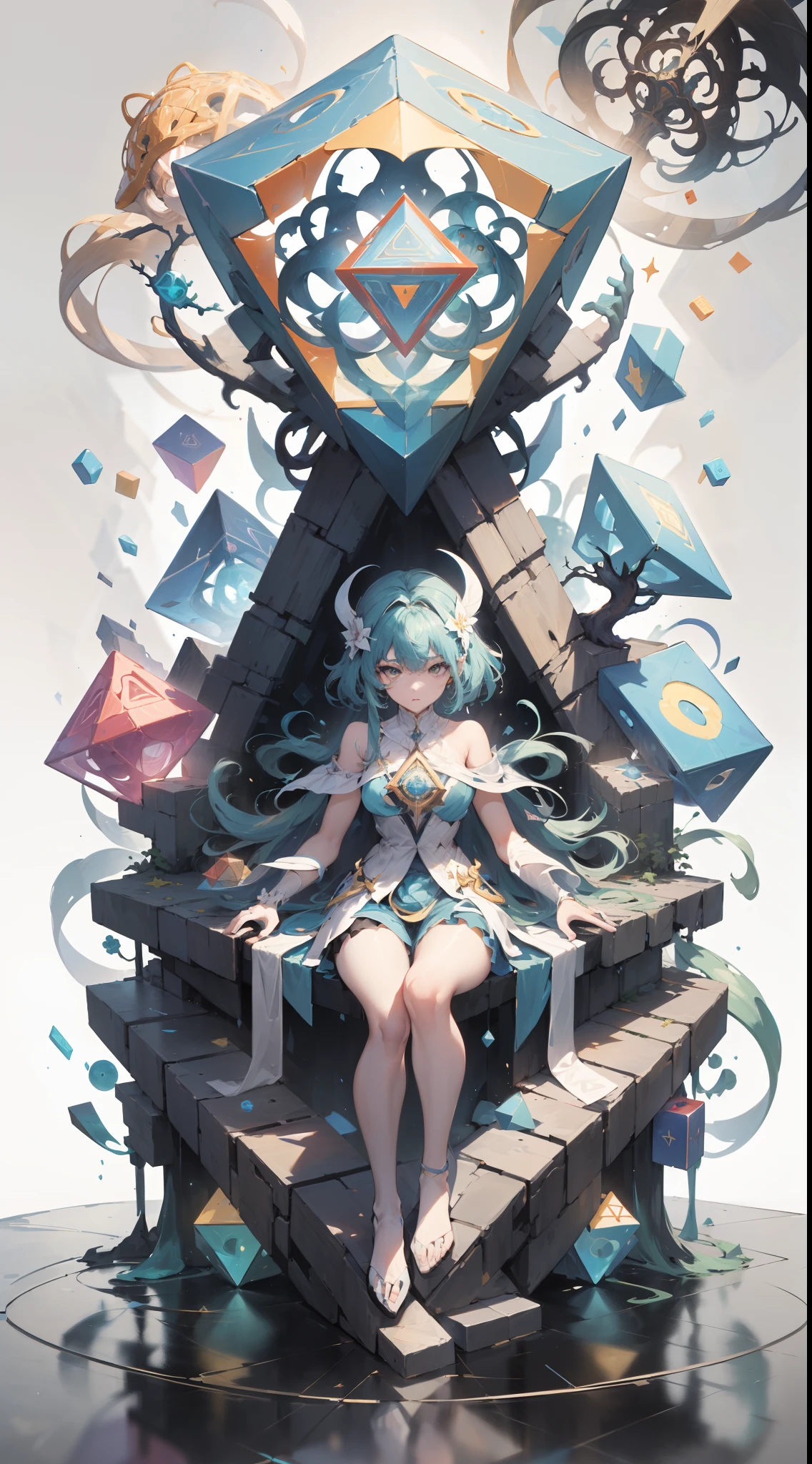 blindbox,Plastic material stylish gameplay,(popup book,White background:1.35),1girll,Solo,Sitting,(abstracted:1.2) Young women composition (geometric shapes:1.2),(Fractal geometry girl head,Planing structural cross-sections,Intricate mosaic pattern:1.35),become (Zdzislaw Beksinski) Style: Angular geometry,Blank background,Geometric puzzle style,Metatron's Rubik's Cube,Igdrasil tree,Starlight tetrahedron,the tesseract,Tree of Cabala,Mobius ring,Penrose triangle,flower of life,The Platonic Solids,Semi-regular solid,Archimedean spiral,Fibonacci spiral