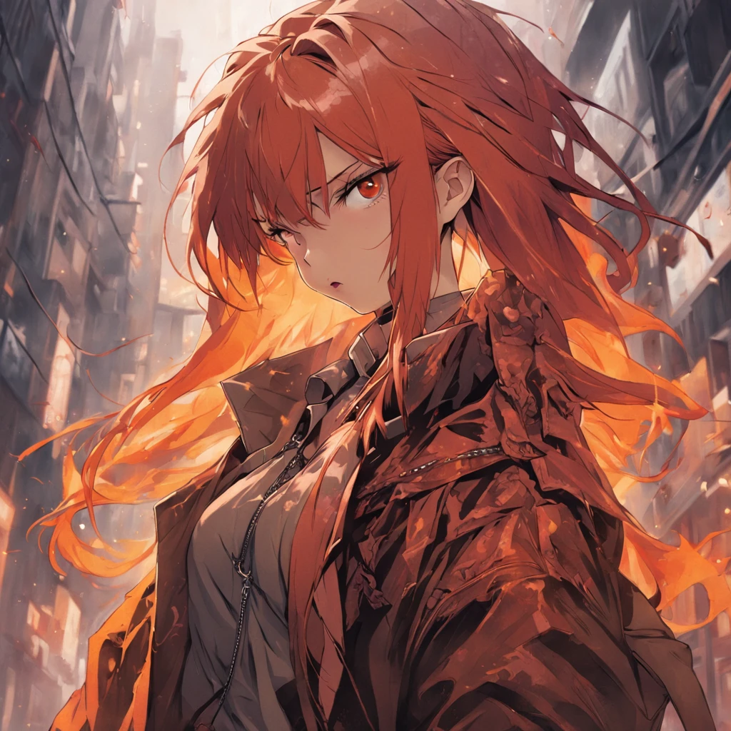 a beautiful woman with voluminous orange-brown long hair, featuring well-defined and deep facial features, her eyes emanate a resolute gaze, she is dressed in a form-fitting leather jacket and pants in shades of dark red and dark yellow, layered over her attire is a loose oversized trench coat, her movements convey an air of restlessness and unease, the character design portrays a punk-style character with a Japanese anime design, the artwork features finely detailed character design, showcasing a mature Japanese manga artistic style, ((character concept art)), high definition, best quality, ultra-detailed, extremely delicate, anatomically correct, symmetrical face, extremely detailed eyes and face, high quality eyes, creativity, RAW photo, UHD, 8k, (Natural light, professional lighting:1.2, cinematic lighting:1.5, best shadow), (masterpiece:1.5)