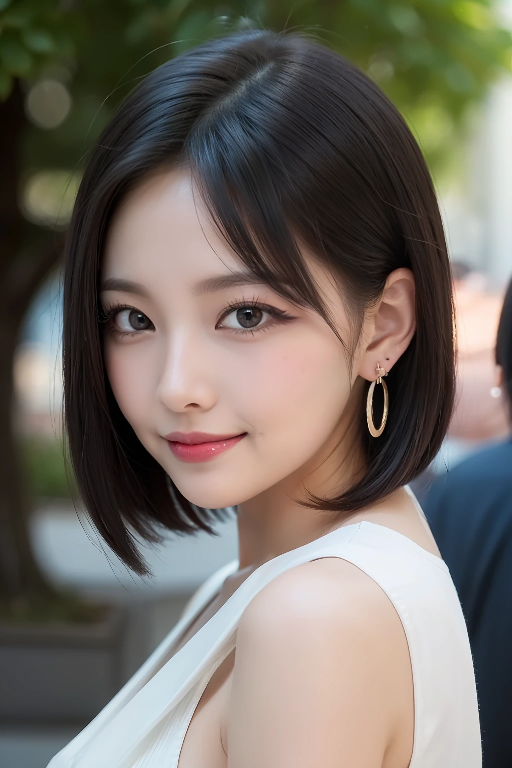 Black hair, hair bobbles, longeyelashes, Solid Circle Eyes, lightsmile, Cute earrings, lightsmile, Shy, puckered lips, surrealism, drop shadow, stereograms, depth of fields, One-person viewpoint, 8K, Super Detail, ccurate, Best Quality, hight resolution, short cut hair