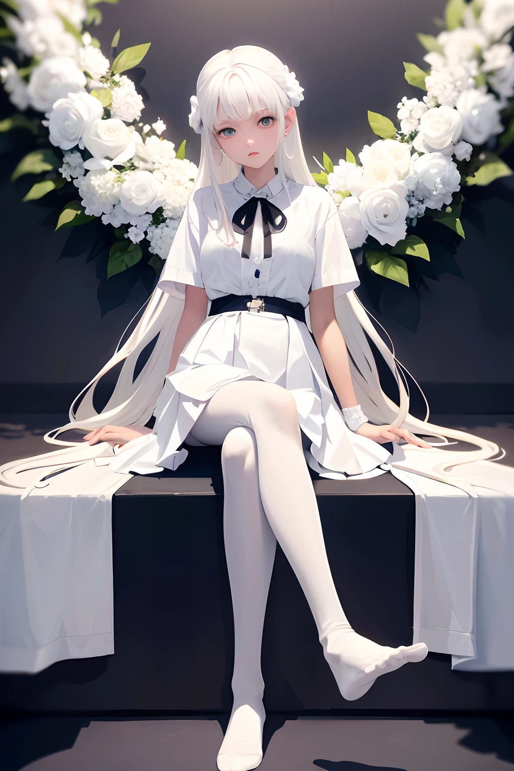 Masterpiece,Best quality,1girll,Pantyhose white socks, without wearing shoes, White hair,Flowers,Crossed legs,Stepping on a man's