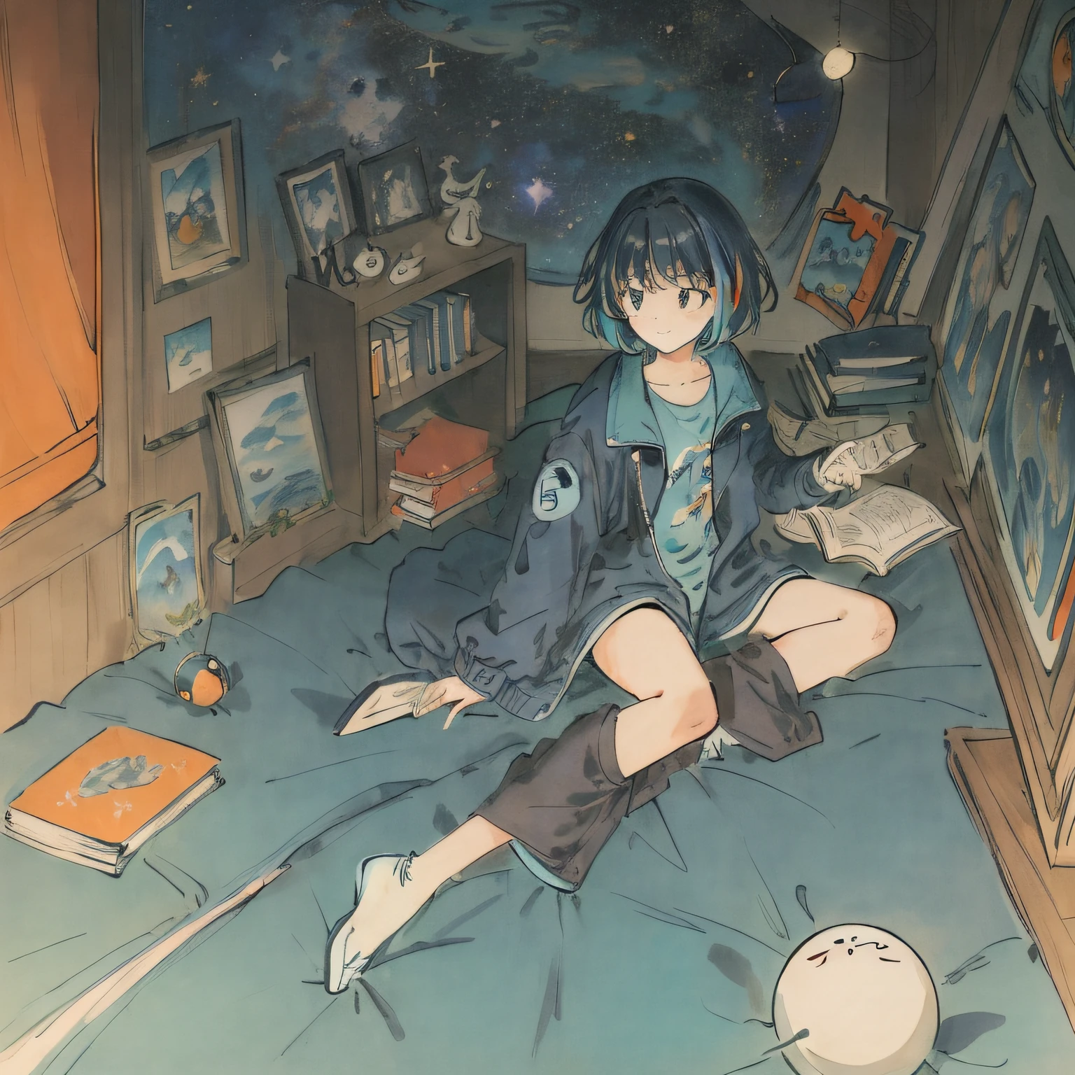 ((masterpiece)), (((best quality))), ((ultra-detailed)), ((illustration)), 1girl,,aqua theme,black hair,blinking,blue jacket,book,bookshelf,closed mouth,color edtips,constel lation,flat color,holding,holding wand,jacket,looking up,lying,malefocus,multicolored hair,noline art,orange hair,orbital path,planet,shirt,short hair,sitting,solo,space,spacestation,spacecraft interior,starwand,stuffedanima,stuffed bunny,stuffed toy,tele scope,utaite(singer),wand1,whitefootwear,whiteshirt