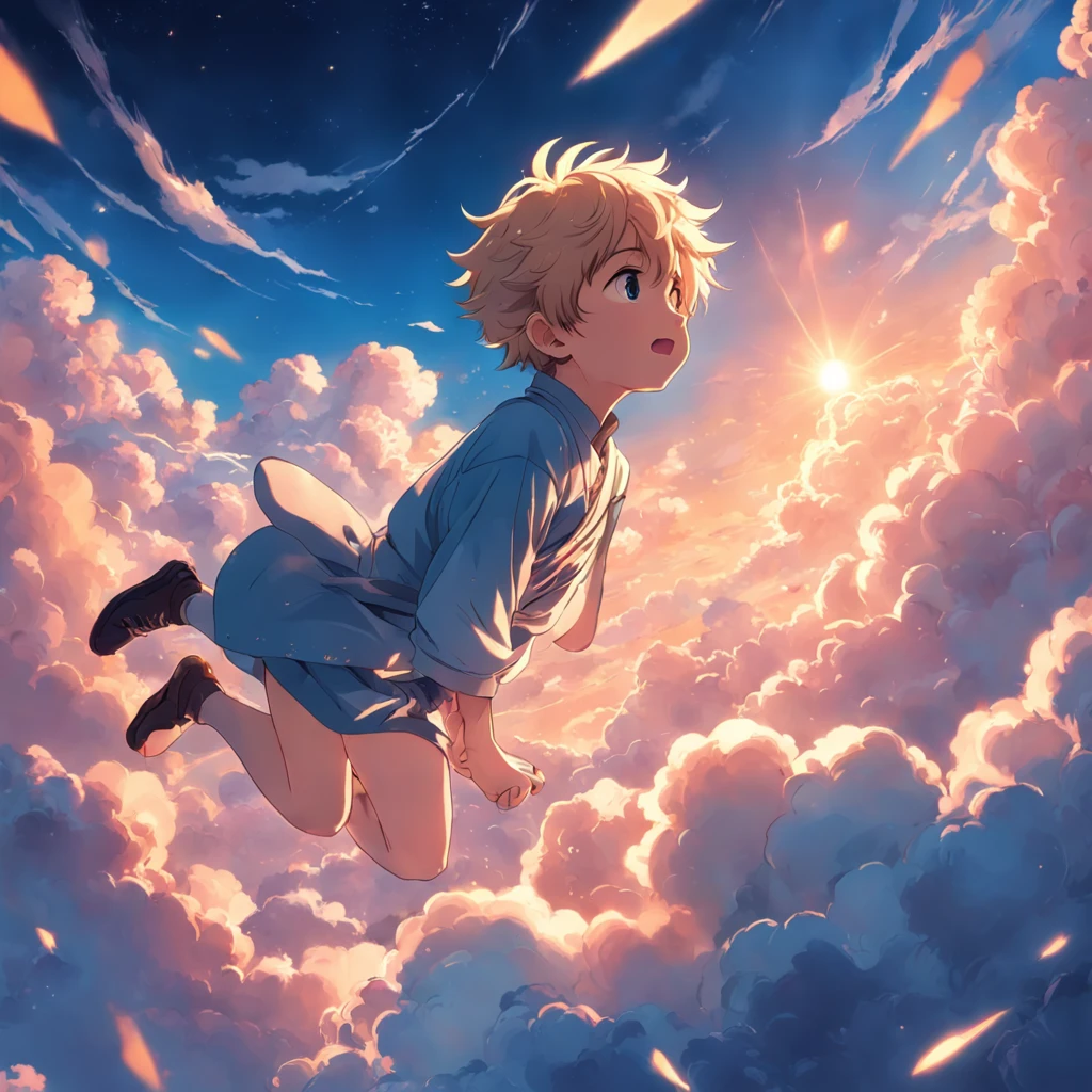 Masterpiece, Best Quality, Movie Stills, 1boy, Cloud Boy, Floating in the Sky, Close-up, Bright, Happy, Warm Soft Light, Sunset, (Sparkle: 0.7)