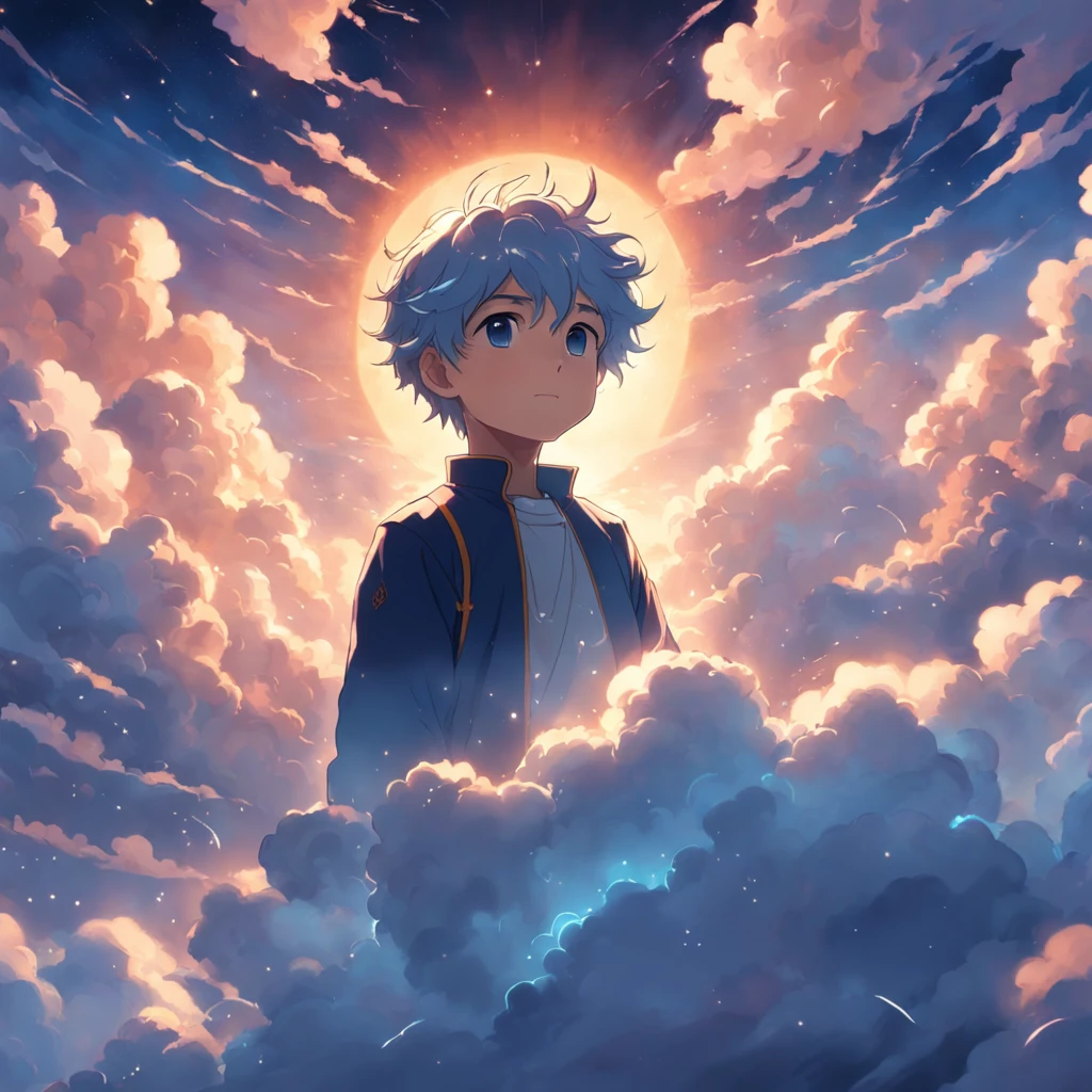 Masterpiece, Best Quality, Movie Stills, 1boy, Cloud Boy, Floating in the Sky, Close-up, Bright, Happy, Warm Soft Light, Sunset, (Sparkle: 0.7)