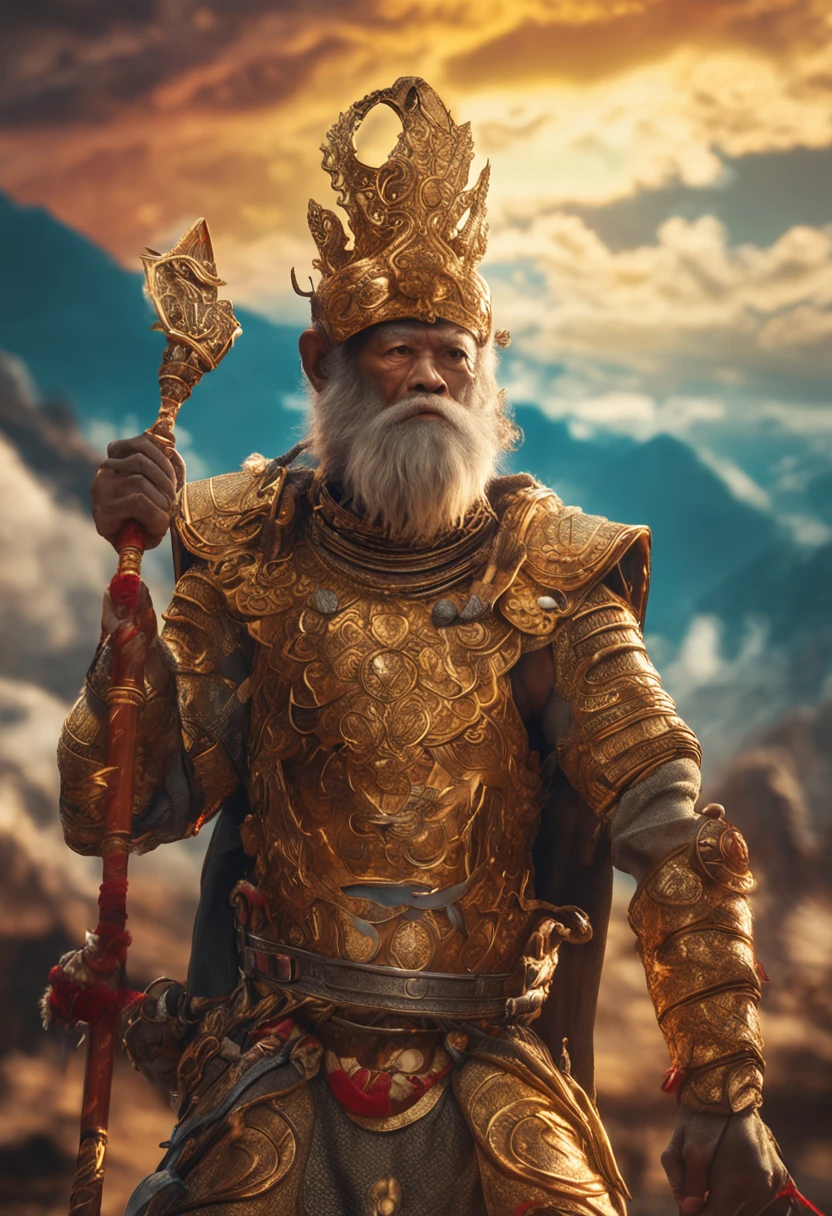 (Masterpiece, A sacred portrayal of the Monkey King:1.4), Wukong,solo, Holding a long golden stick,Wearing chain mail,Combat posture,tmasterpiece,ultraclear,UHD,extreme hight detail,The background is sky and clouds,suns,shine