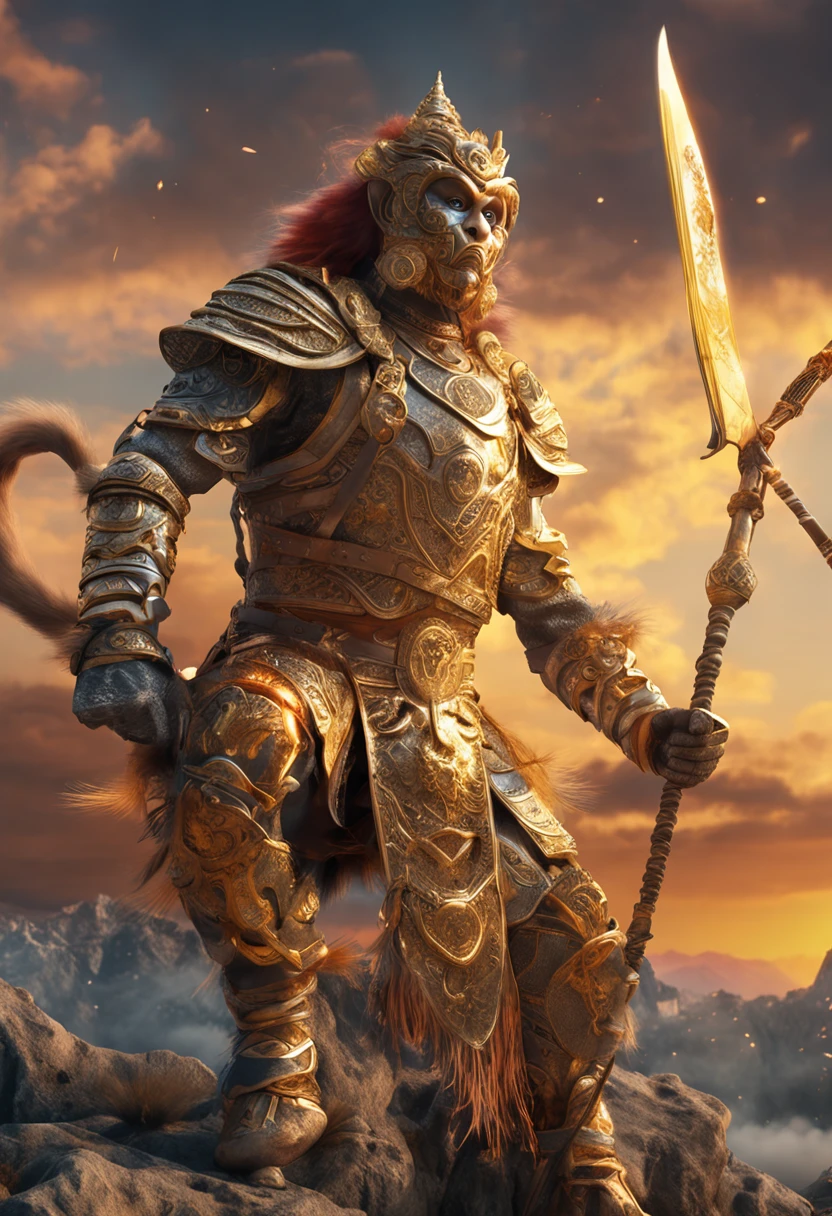 (Masterpiece, A sacred portrayal of the Monkey King:1.4), Wukong，solo, Holding a long golden stick，Wearing chain mail，Combat posture，tmasterpiece，ultraclear，UHD,extreme hight detail，The background is sky and clouds，suns，shine