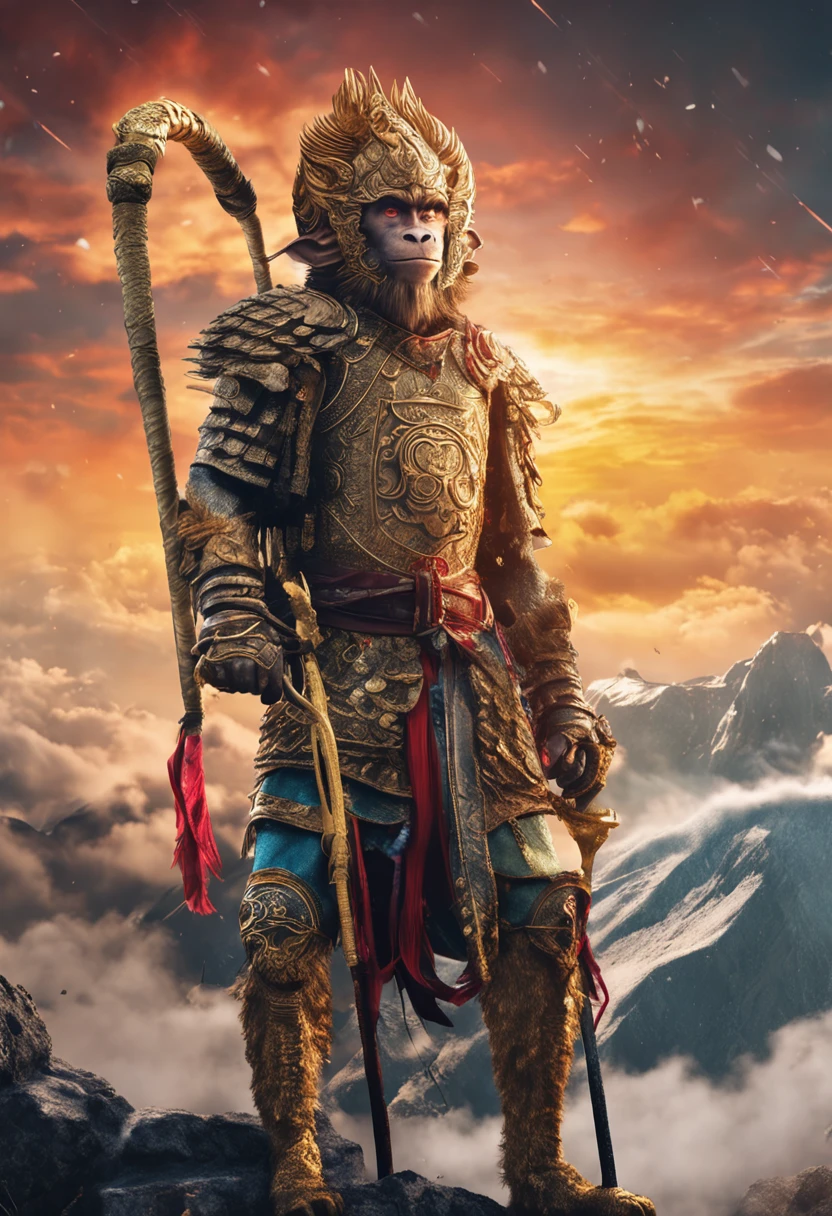 (Masterpiece, A sacred portrayal of the Monkey King:1.4), Wukong,solo, Holding a long golden stick,Wearing chain mail,Combat posture,tmasterpiece,ultraclear,UHD,extreme hight detail,The background is sky and clouds,suns,shine