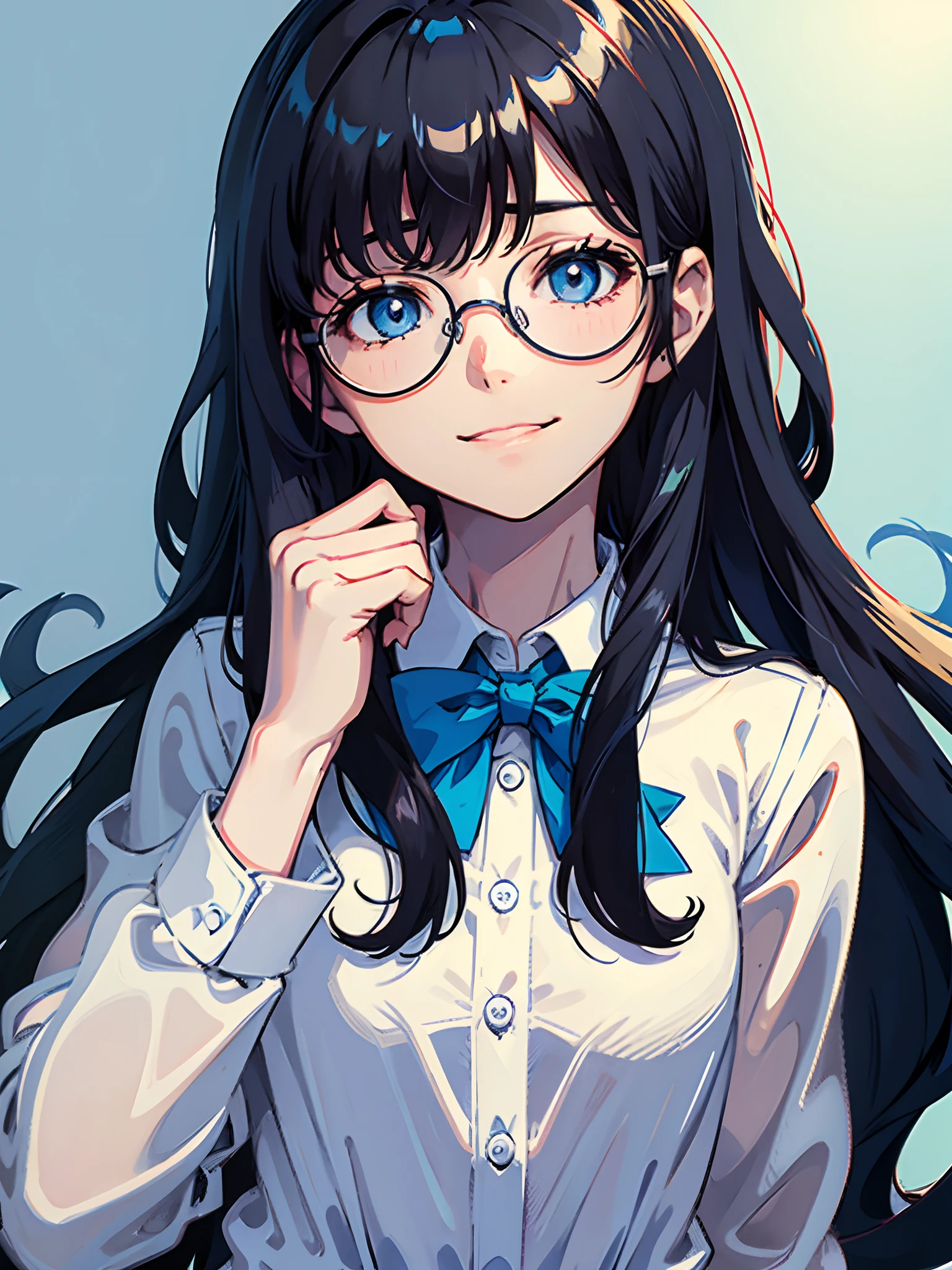 Hands naturally lowered，White color blouse，blue bowtie，circle glasses，A subtle smile，Long hair，black color hair，Very long hair，Light blue glasses，paleskin，