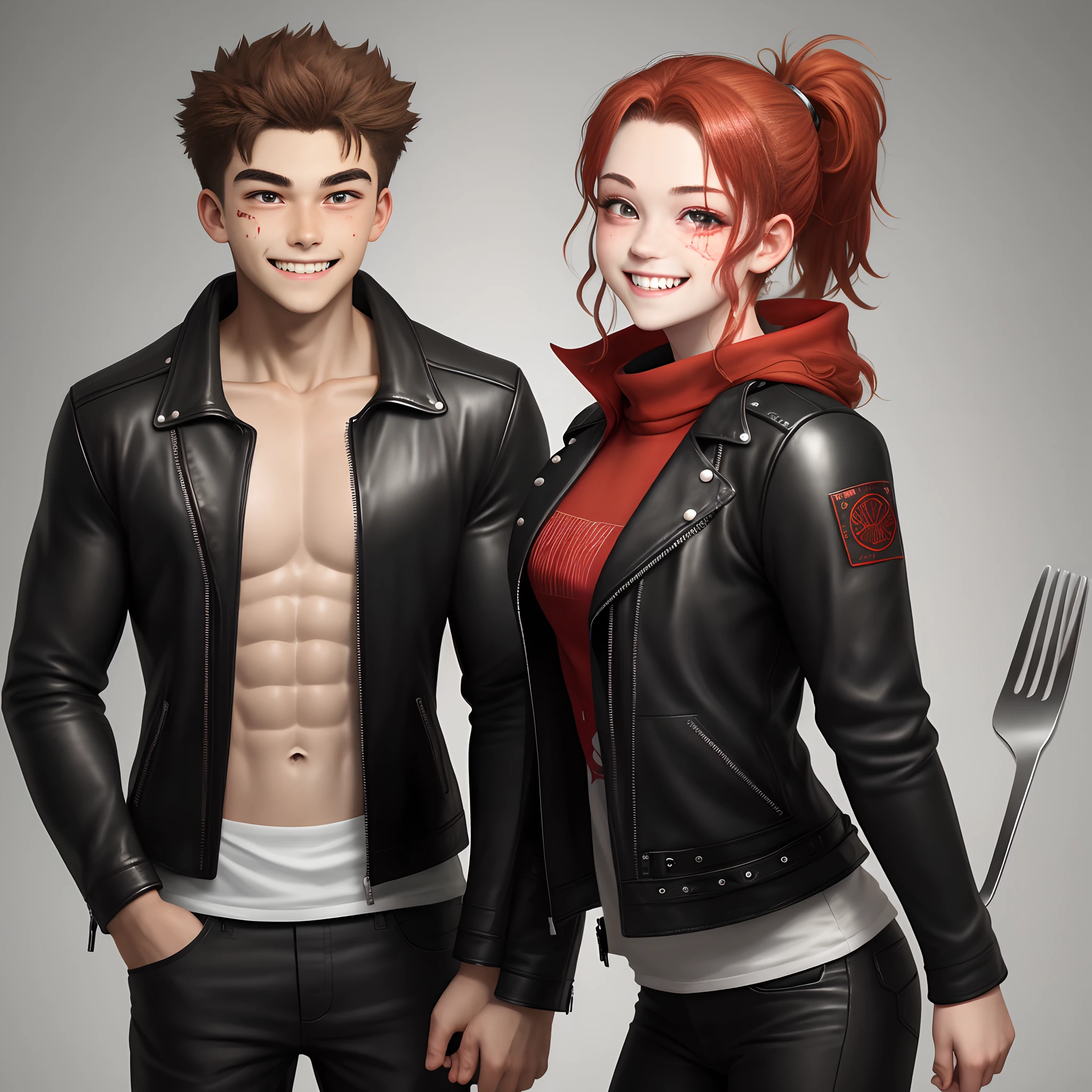 I saw a medium height，Muscular teenager，Hair is blood-red，There was a scar between the rosy cheeks，Wear a black leather jacket similar to the "hippie" of the last century，Hold a steel fork in your hand，There is a hint of lewdness in his sharp eyes，Grinned and let out a "croak" grin！
