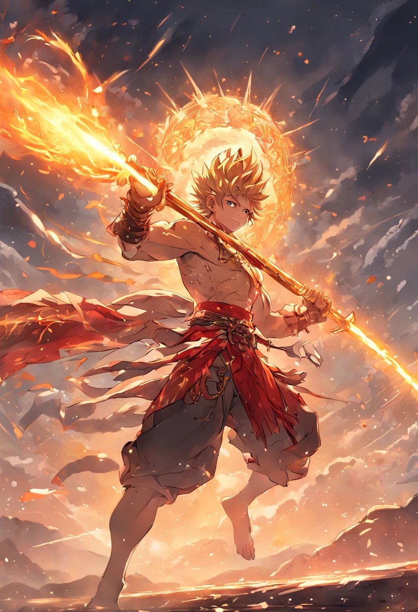 (Masterpiece, A sacred portrayal of the Monkey King:1.4), Wukong,solo, Holding a long golden stick,Wearing chain mail,Combat posture,tmasterpiece,ultraclear,UHD,extreme hight detail,The background is sky and clouds,suns,shine
