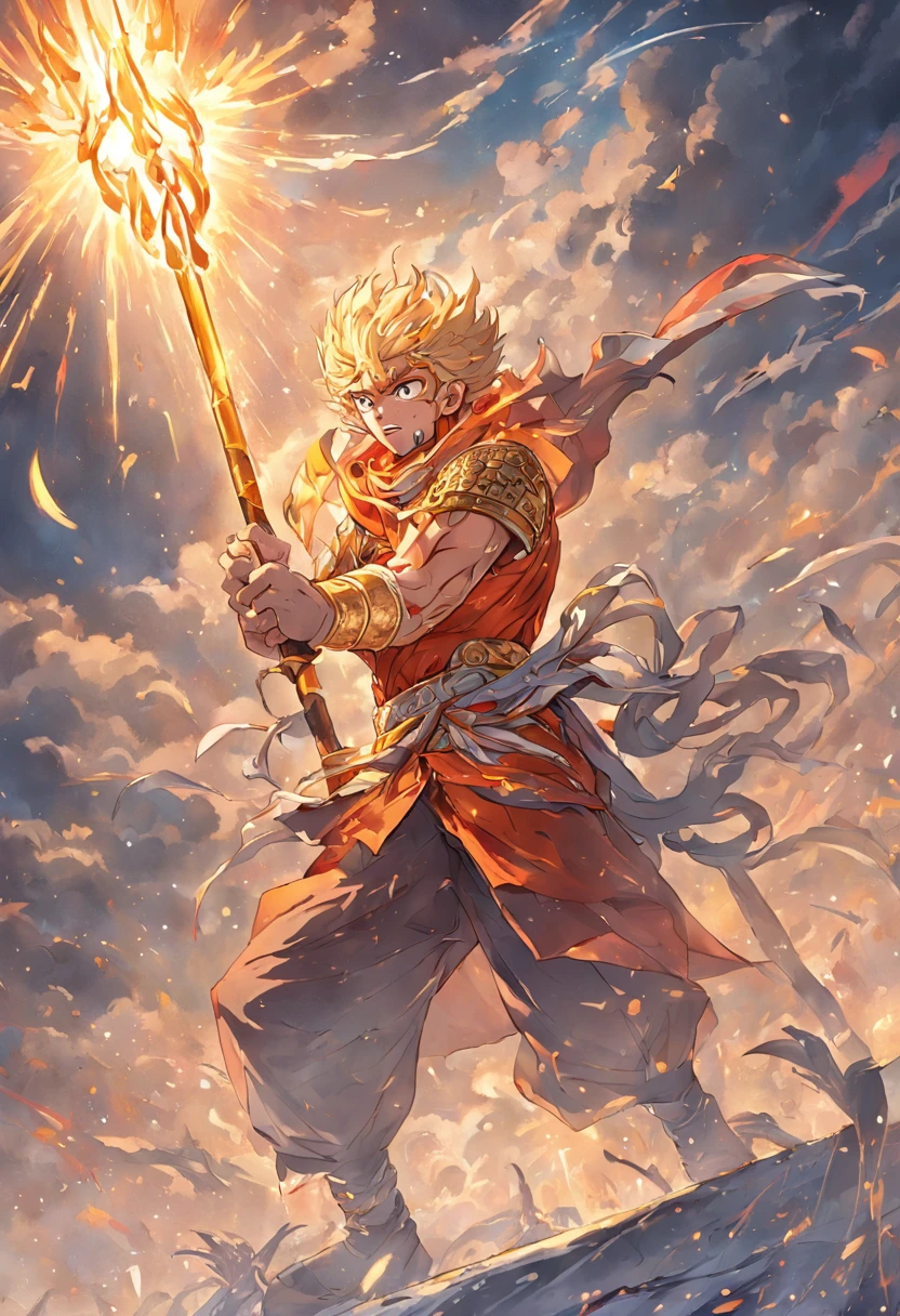 (Masterpiece, A sacred portrayal of the Monkey King:1.4), Wukong,solo, Holding a long golden stick,Wearing chain mail,Combat posture,tmasterpiece,ultraclear,UHD,extreme hight detail,The background is sky and clouds,suns,shine