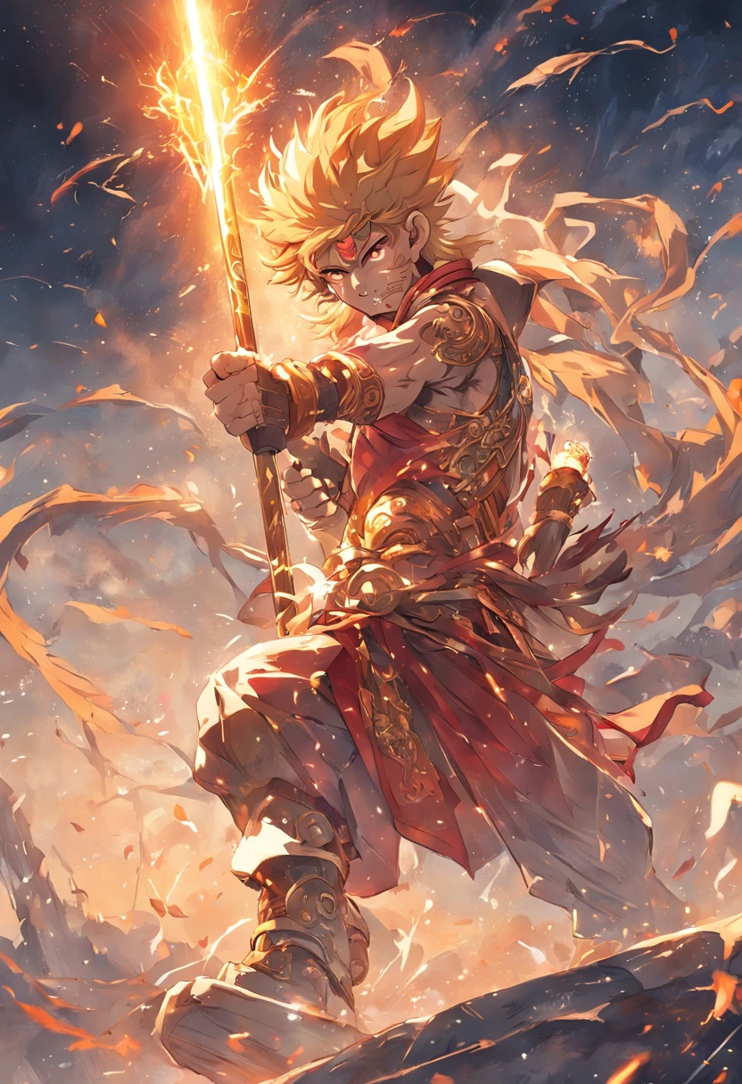 (Masterpiece, A sacred portrayal of the Monkey King:1.4), Wukong,solo, Holding a long golden stick,Wearing chain mail,Combat posture,tmasterpiece,ultraclear,UHD,extreme hight detail,The background is sky and clouds,suns,shine