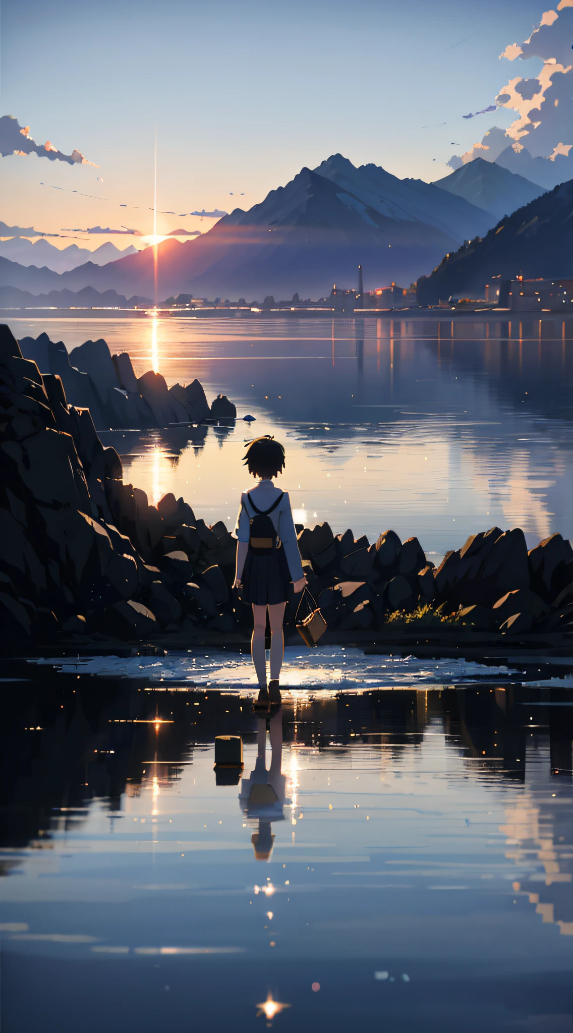 High quality masterpiece ,scenecy,Anime train passing through bodies of water on tracks, starrysky。Romantic train,pixiv,concept-art,Lofi art style,Reflectors。 by makoto shinkai, lofi art, beautiful anime scenes, Anime landscapes, Detailed scenery —width 672, in style of makoto shinkai, style of makoto shinkai,Detail enhancement。