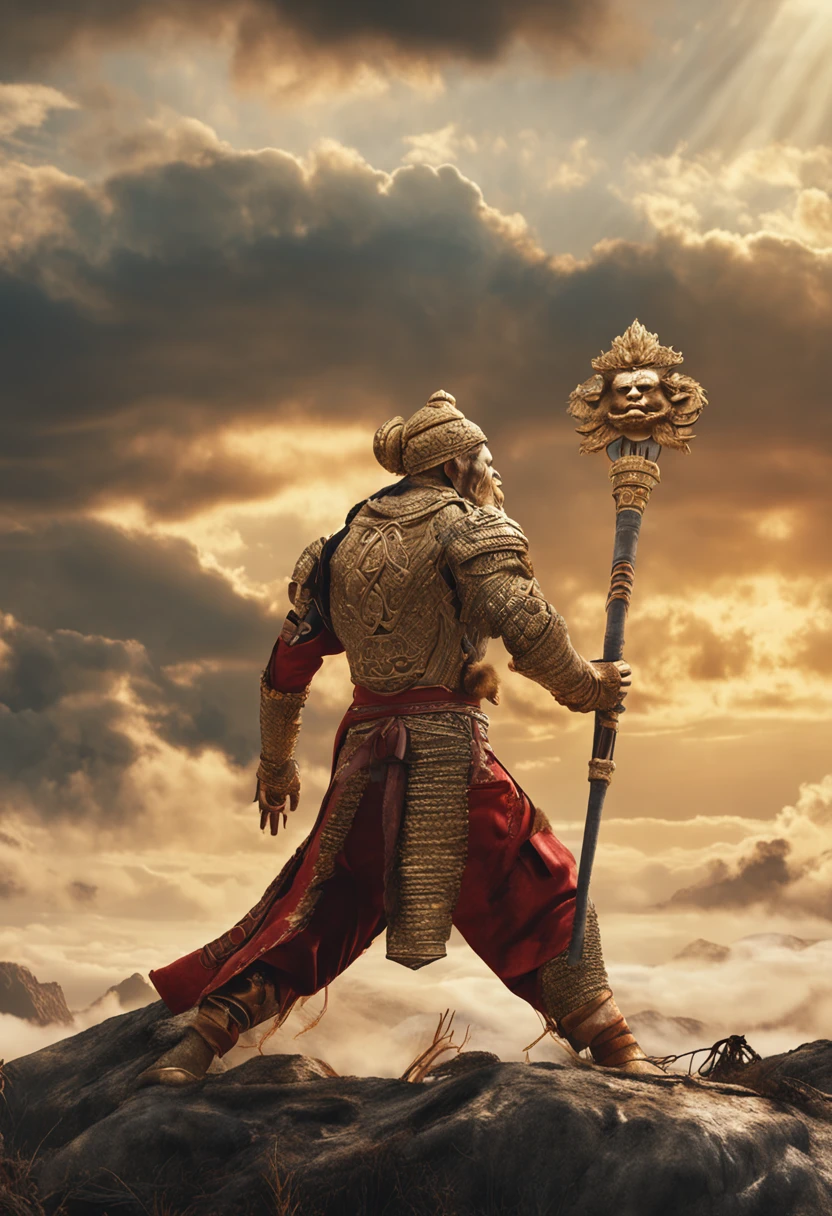 (Masterpiece, A sacred portrayal of the Monkey King:1.4), Wukong，solo, Holding a long golden stick，Wearing chain mail，Combat posture，tmasterpiece，ultraclear，UHD,extreme hight detail，The background is sky and clouds，suns，shine