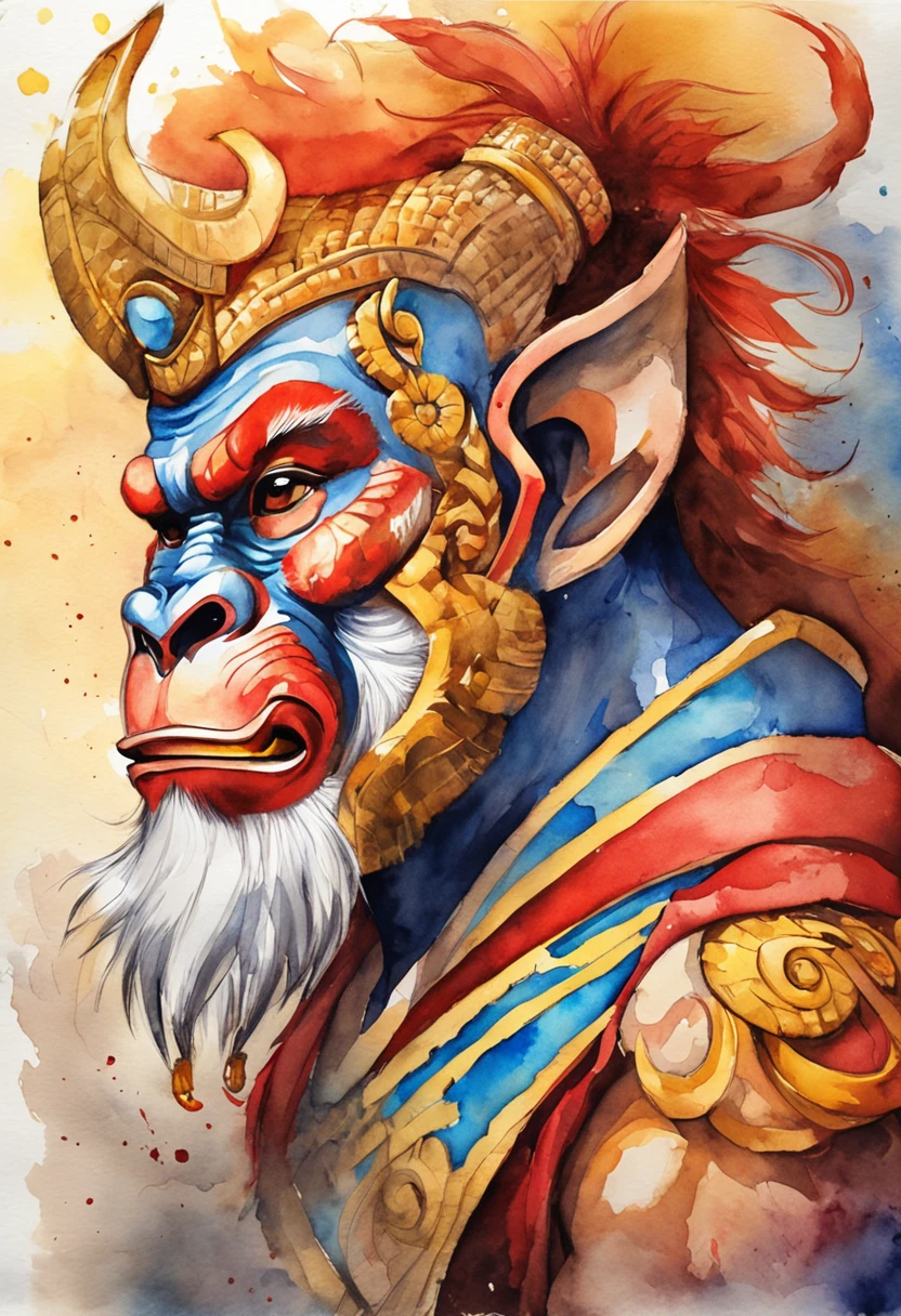 Sun Wukong, the Monkey God ::3 vibrant colors, bold colors, fiery colors, red and gold ::2 energetic brush strokes, dynamic lines, flowing lines, expressive lines ::1 mythical, fantastical atmosphere, magical elements, glowing effects ::1 detailed facial features, expressive eyes, mischievous smile ::1