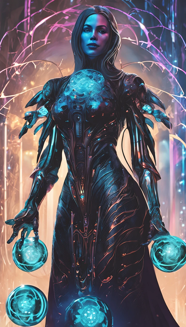 chrometech, metallic female cyborg wearing Patterned Bodysuit, Obsidian Black Necromancer Robe with Phantasmal Orbs: Phantasmal orbs float around the robe, exuding an eerie aura., (Byte Blue,Bright Midnight color background:1.3)