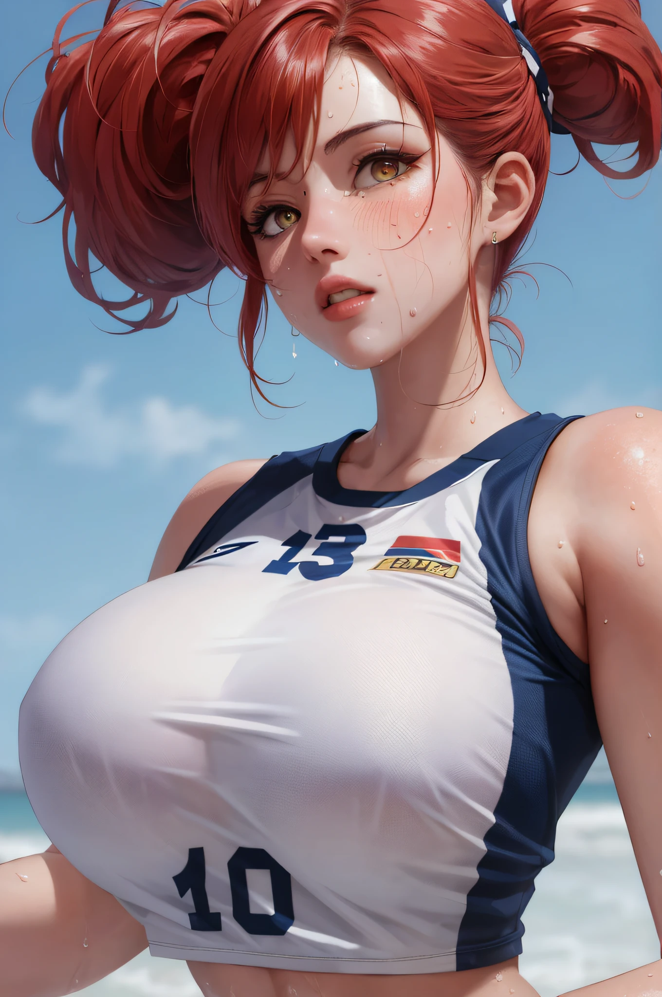 masterpiece:1.2, best quality), realistic, (real picture, intricate details, depth of field), (1girl, solo), make up, parted lips, highly-detailed, perfect face, (huge breasts:1.4), (skindentation), thick thighs, wide hips, small waist, tall, glossy coral lips, red hairs, red eyes, ponytail, (A girl playing volleyball, white volleyball uniform), (sweating:1.2), (wet), sexy, blushing,