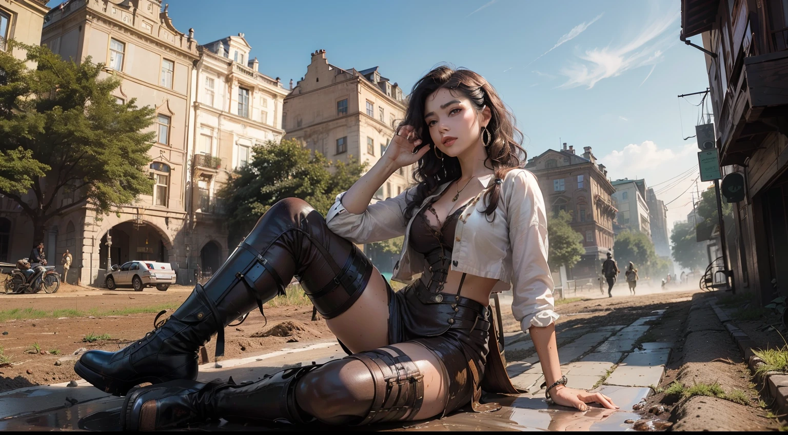 (realisitic,Photorealsitic:1.4),(1 Beauty:1.3),(beautiful countenance:1.5),Detailed shiny skin,A detailed eye,Precise hands and fingers,8K HDR, , masterpiece, (Dynamic angle footage),电影灯光, Finely drawn backgrounds,(steampunc,Decadent,Sci-fi,Mud, dust and dirt,Traces of war:1.2)Beautiful Indian,Work attire,colourful hair,Curly hair,Prague,a park,Thinking,Composition looking up from your feet,