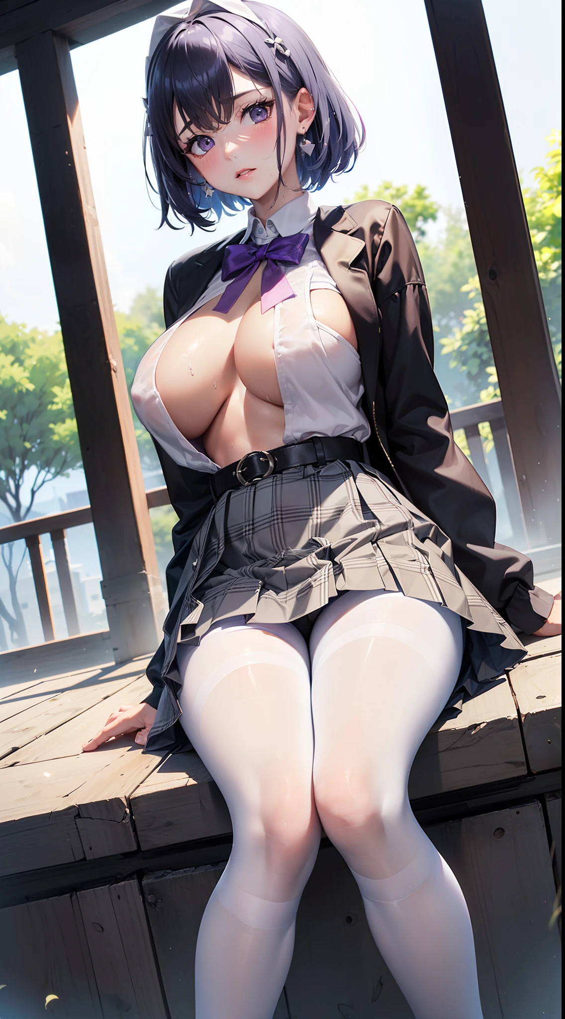 Manhwa Style,Naughty sister type,(High-quality characters:1.2),(4K:1.1),(Exquisite facial features:1.2),Glossy face,up-close,(Directly rear view:1.3),(The complexion is very fair:1.3),(sophisticated haircut:1.1),(Pale light blue hair:1.1),(pink gradient:1.1),(Purple stripe dyeing:1.1),(Thin leg:1.2),(big breasts thin waist:1.2),(petite breasts:1.2),(Protruding nipples1.2),(1个Giant Breast Girl:1.1),(:1.1),Bow hairpin,White heart-shaped earrings,校服,White belt,Messy uniform jacket,(Wet clothes:1.1),(white shirt:1.1),(White waist pantyhose on the left leg:1.3),(Black pantyhose on the right leg:1.3),(Gray low-rise pleated plaid skirt:1.3),(Grass background:1.2),(Lift your skirt with your hands:1.2),(Rub your breasts and with your hands:1.3),(spread their legs:1.3),(Sit on the lower body of 1 man:1.2),Shy blush,Best quality at best
