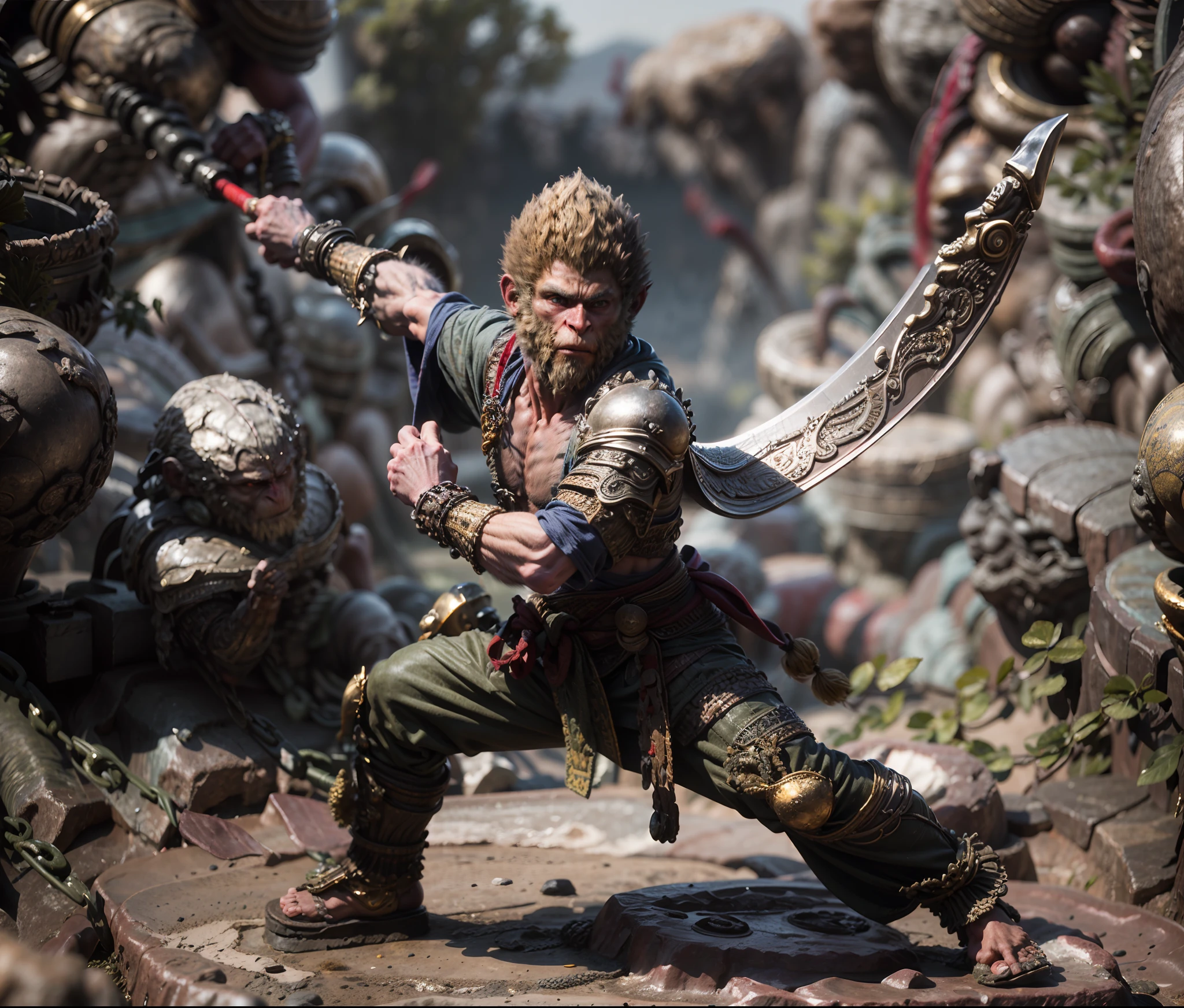 Wukong, Holding a long golden stick，Wearing chain mail，Combat posture，tmasterpiece，ultraclear，UHD,extreme hight detail，Background bokeh，Red capes flutter