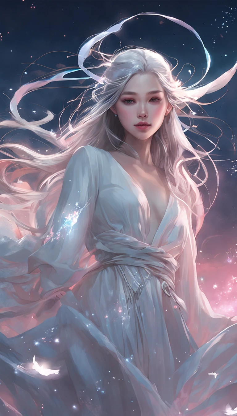 (best qualtiy，tmasterpiece), Beautiful teenage girl, Beautiful goddess, Sexy goddess, Sword Fairy, Floating in the air, white crane, The right hand, A long flowing dress, Slender legs Silver hair, By bangs, Tie a ponytail,  Beautiful hair accessories, Detailed scenes, the night, starrysky, cold light, (in pink, white colors, cyan colors), ((from below)), ((full body)), ((realistic))