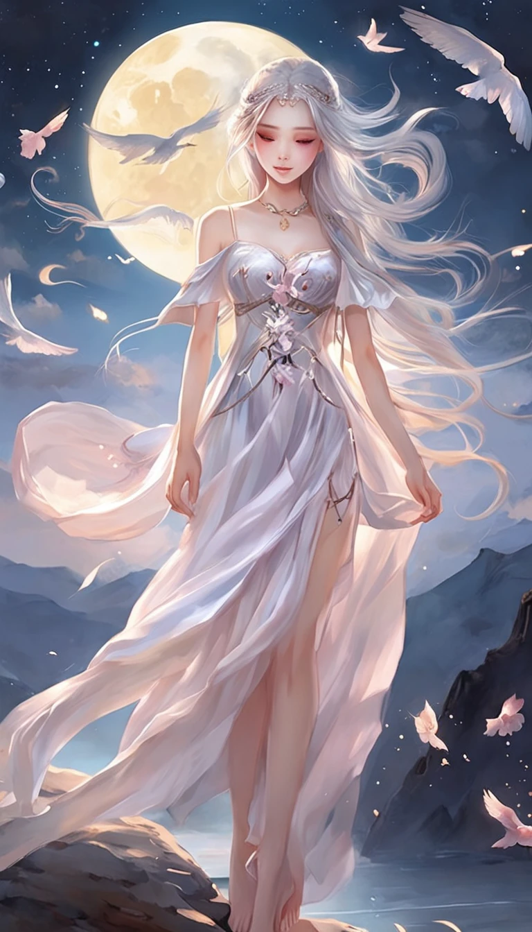 (best qualtiy，tmasterpiece), Beautiful teenage girl, Beautiful goddess, Sexy goddess, Sword Fairy, Floating in the air, white crane, The right hand, A long flowing dress, Slender legs Silver hair, By bangs, Tie a ponytail,  Beautiful hair accessories, Detailed scenes, the night, starrysky, cold light, (in pink, white colors, cyan colors), ((from below)), ((full body)), ((realistic))