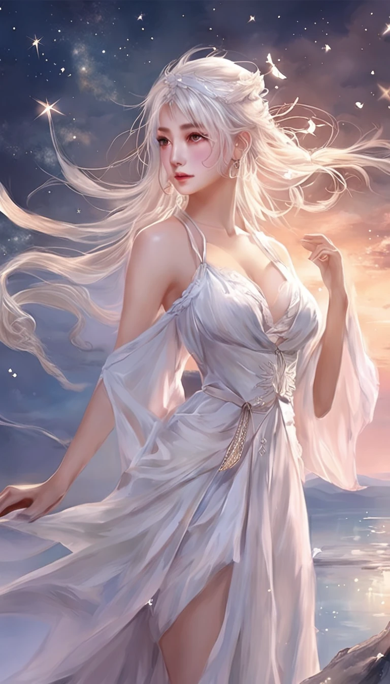 (best qualtiy，tmasterpiece), Beautiful teenage girl, Beautiful goddess, Sexy goddess, Sword Fairy, Floating in the air, white crane, The right hand, A long flowing dress, Slender legs Silver hair, By bangs, Tie a ponytail,  Beautiful hair accessories, Detailed scenes, the night, starrysky, cold light, (in pink, white colors, cyan colors), ((from below)), ((full body)), ((realistic))