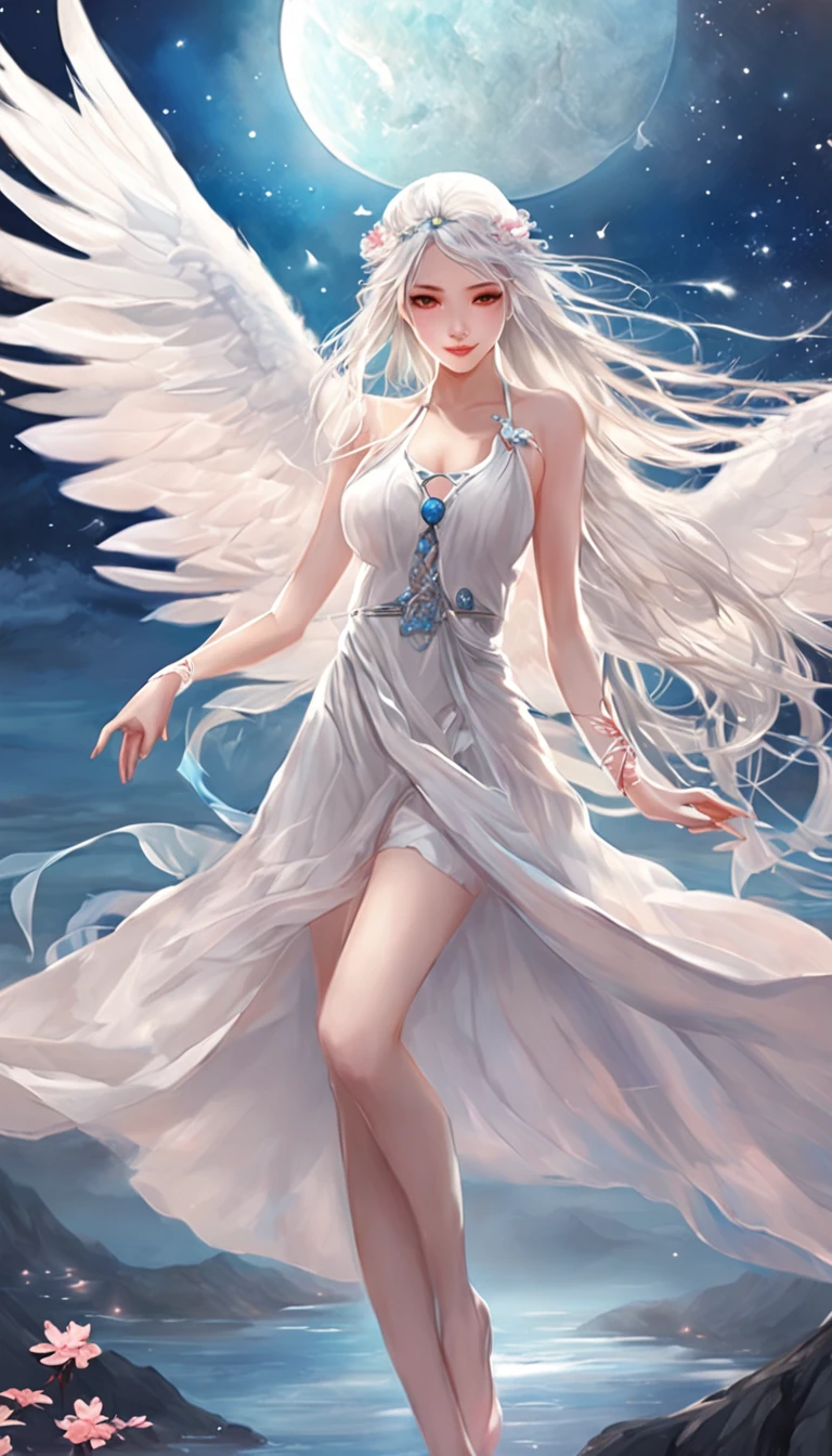 (best qualtiy,tmasterpiece), Beautiful girl, Beautiful goddess, Sexy goddess, Sword Fairy, Floating in the air, white crane, The right hand, A long flowing dress, Slender legs Silver hair, By bangs, Tie a ponytail, Beautiful hair accessories, Detailed scenes, the night, starrysky, cold light, (in pink, white colors, cyan colors), ((from below)), ((full body)), ((realistic))