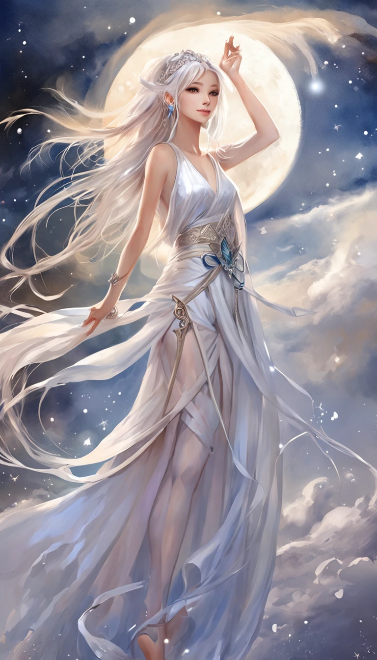 (best qualtiy，tmasterpiece), Beautiful teenage girl, Beautiful goddess, Sexy goddess, Sword Fairy, Floating in the air, white crane, The right hand, A long flowing dress, Slender legs Silver hair, By bangs, Tie a ponytail,  Beautiful hair accessories, Detailed scenes, the night, starrysky, cold light, (in pink, white colors, cyan colors), ((from below)), ((full body)), ((realistic))