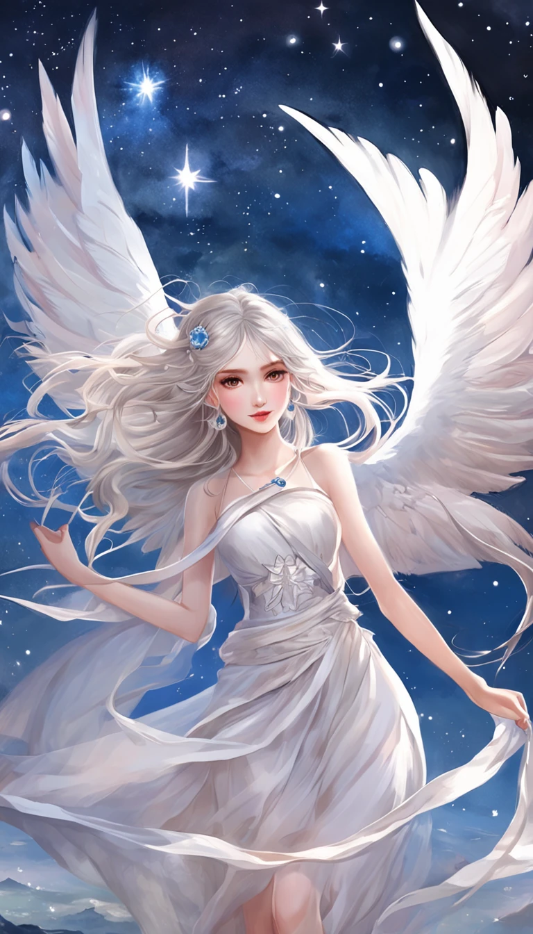 (best qualtiy，tmasterpiece), Beautiful teenage girl, Beautiful goddess, Sexy goddess, Sword Fairy, Floating in the air, white crane, The right hand, A long flowing dress, Slender legs Silver hair, By bangs, Tie a ponytail,  Beautiful hair accessories, Detailed scenes, the night, starrysky, cold light, (in pink, white colors, cyan colors), ((from below)), ((full body)), ((realistic))