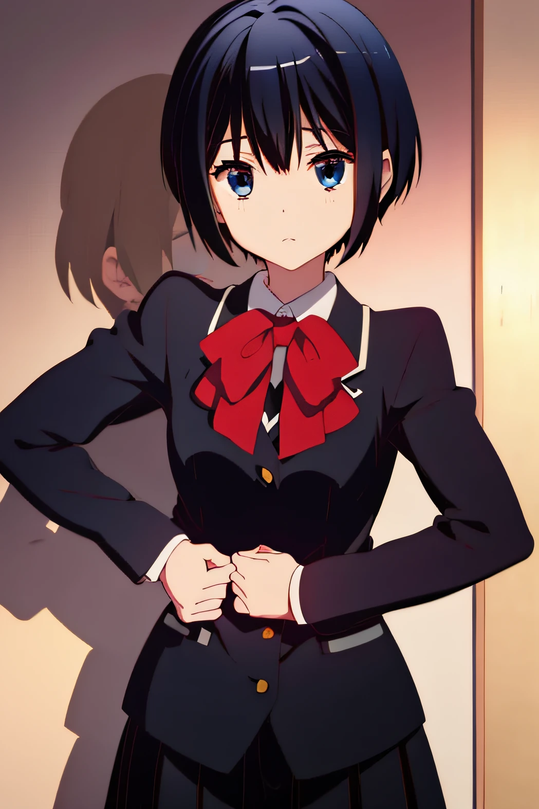 Short black hair,eBlue eyes,female high-school student,coquetry