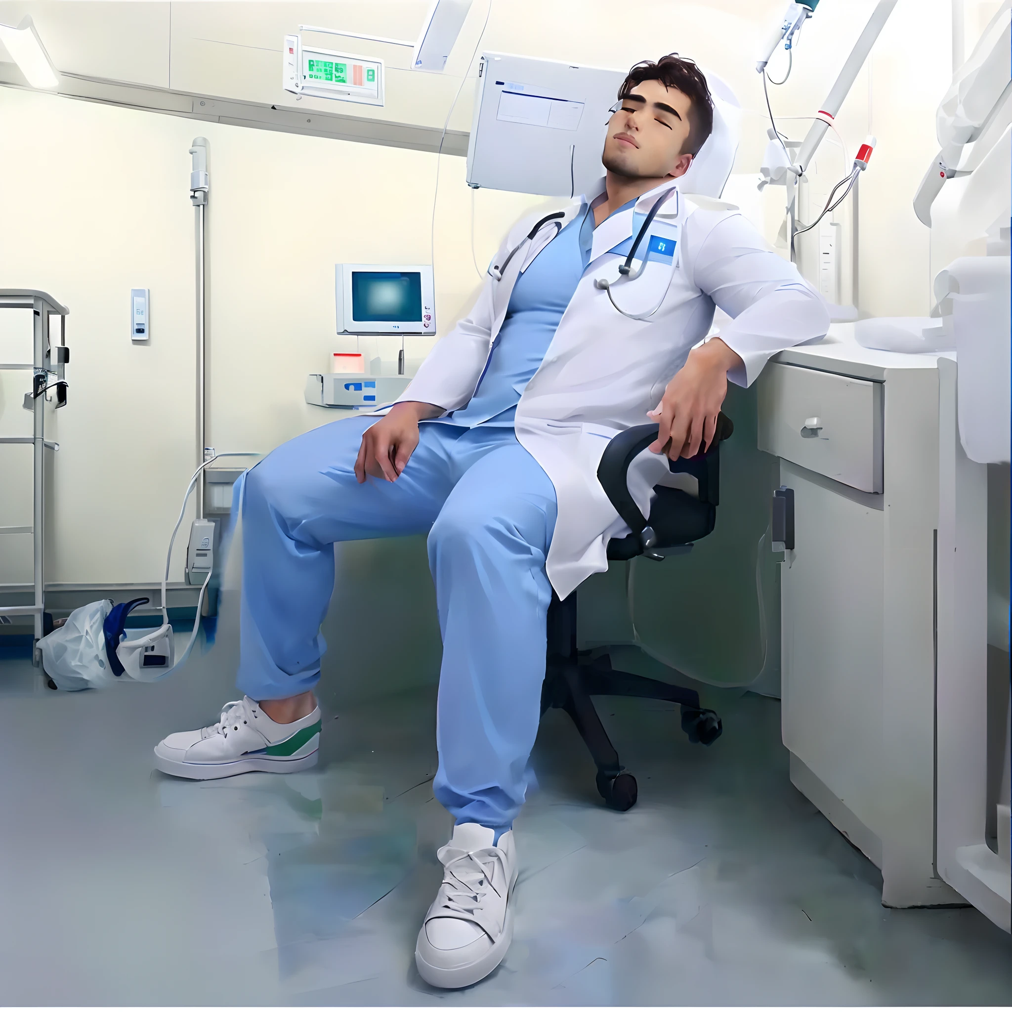 Emergency hospital room, blurred background, bustling atmosphere, nurse, doctor, patient, police officer, medical equipment, urgent situation