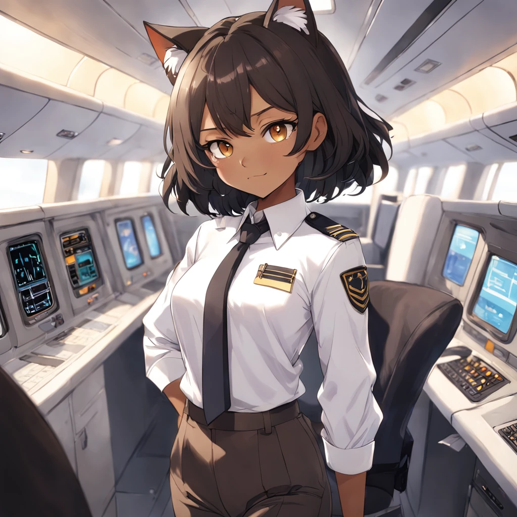 1girl, short black bob hair, yellow eyes, Round glasses, tan skin,dark skin ,BROWN SKIN, SHE HAS LIGHT BROWN SKIN, petite body, wearing plain white formal work shirt, wearing long black pants, business tie, absurdres, high res, ultrasharp, 8k, masterpiece, looking at viewer, cat ears, airline pilot uniform, airline pilot hat, white background, short sleeve, bangs, flat chest, whiskers, androgynous, she has cat ears on her head, she has cat teeth, cloudy background, holding pet black cat, smiling