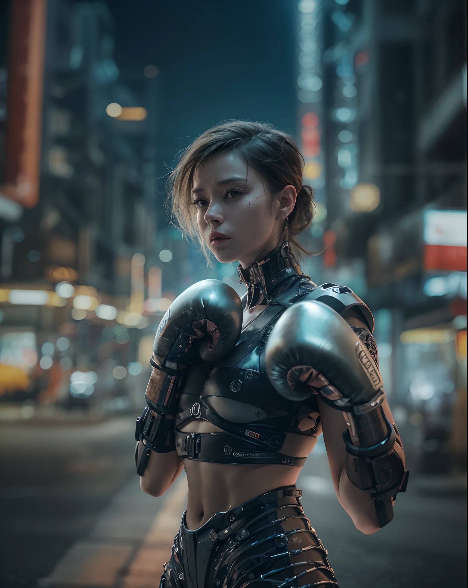 Boxing Girl, boxing glove, cinematic colorgrading film, dramatic scenes, photography, RAW, Masterpiece, ultra wide angle, Ultra Fine Photo, Best Quality, Ultra High Resolution, Photorealistic, volumetric light, Stunningly Beautiful, half body, Delicate Face, Vibrant Eyes, RAW photo, (Highest quality:1.3), (sharp focus:1.5), (skin_textures:1.2), (photorealistic:1.3), (highly detailed skin), (detailed face), (high detailed skin:1.2), (glistening skin:1.15), glossy, cyborg arms, reelmech, cyberpunk, night, cyborg arms, cyberpunk cityscapes