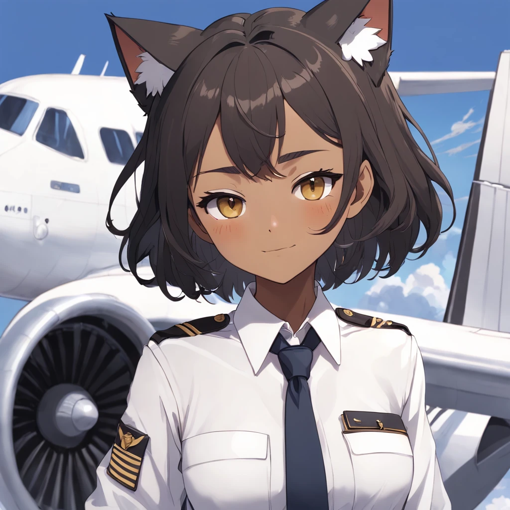 1girl, short black bob hair, yellow eyes, Round glasses, tan skin,dark skin ,BROWN SKIN, SHE HAS LIGHT BROWN SKIN, ite body, wearing plain white formal work shirt, wearing long black pants, business tie, absurdres, high res, ultrasharp, 8k, masterpiece, looking at viewer, cat ears, airline pilot uniform, airline pilot hat, white background, short sleeve, bangs, flat chest, whiskers, androgynous, she has cat ears on her head, she has cat teeth, cloudy background, holding pet black cat, smiling