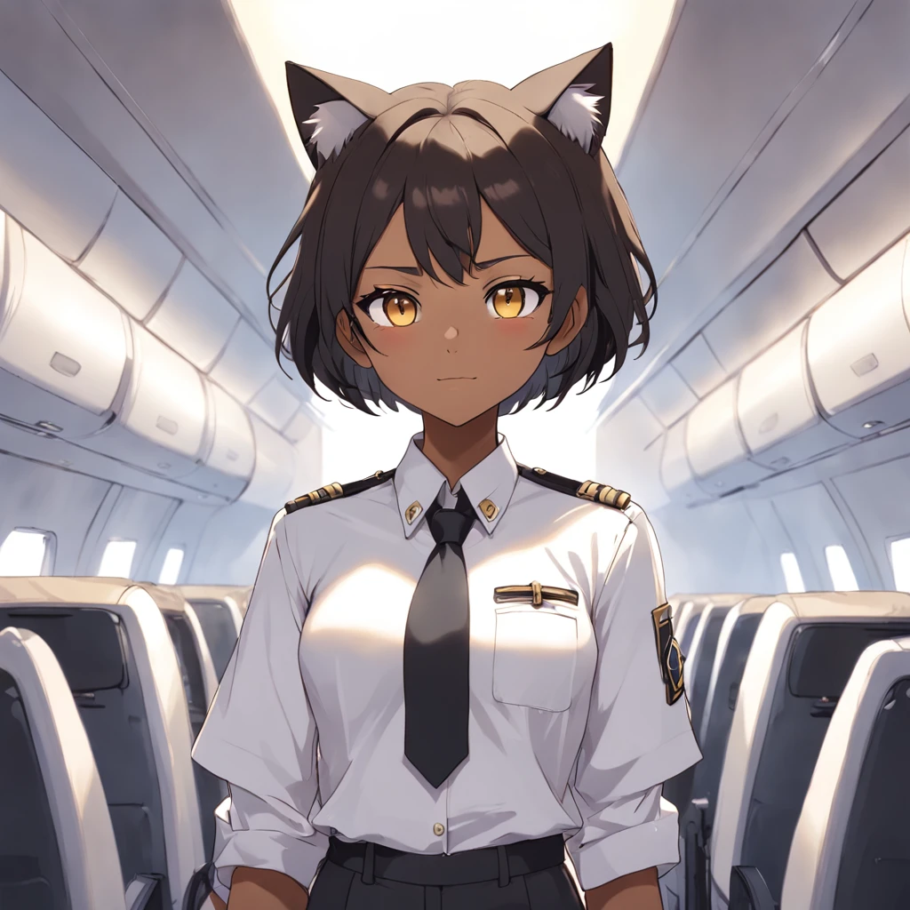 1girl, short black bob hair, yellow eyes, Round glasses, tan skin,dark skin ,BROWN SKIN, SHE HAS LIGHT BROWN SKIN, ite body, wearing plain white formal work shirt, wearing long black pants, business tie, absurdres, high res, ultrasharp, 8k, masterpiece, looking at viewer, cat ears, airline pilot uniform, airline pilot hat, white background, short sleeve, bangs, flat chest, whiskers, androgynous, she has cat ears on her head, she has cat teeth, cloudy background, holding pet black cat, smiling