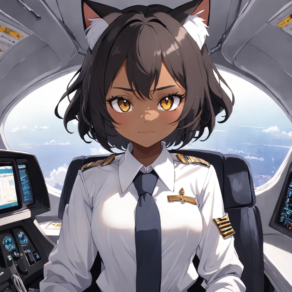 1girl, short black bob hair, yellow eyes, Round glasses, tan skin,dark skin ,BROWN SKIN, SHE HAS LIGHT BROWN SKIN, ite body, wearing plain white formal work shirt, wearing long black pants, business tie, absurdres, high res, ultrasharp, 8k, masterpiece, looking at viewer, cat ears, airline pilot uniform, airline pilot hat, white background, short sleeve, bangs, flat chest, whiskers, androgynous, she has cat ears on her head, she has cat teeth, cloudy background, holding pet black cat, smiling