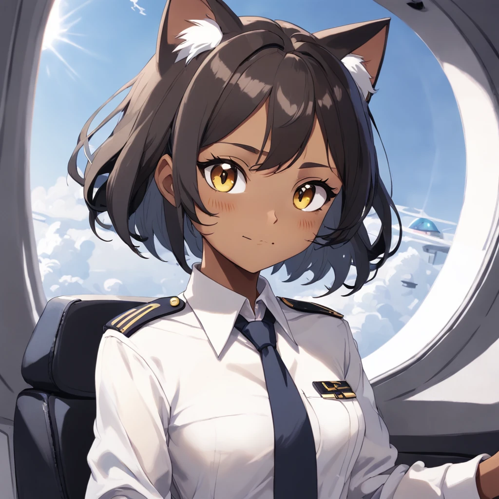 1girl, short black bob hair, yellow eyes, Round glasses, tan skin,dark skin ,BROWN SKIN, SHE HAS LIGHT BROWN SKIN, ite body, wearing plain white formal work shirt, wearing long black pants, business tie, absurdres, high res, ultrasharp, 8k, masterpiece, looking at viewer, cat ears, airline pilot uniform, airline pilot hat, white background, short sleeve, bangs, flat chest, whiskers, androgynous, she has cat ears on her head, she has cat teeth, cloudy background, holding pet black cat, smiling