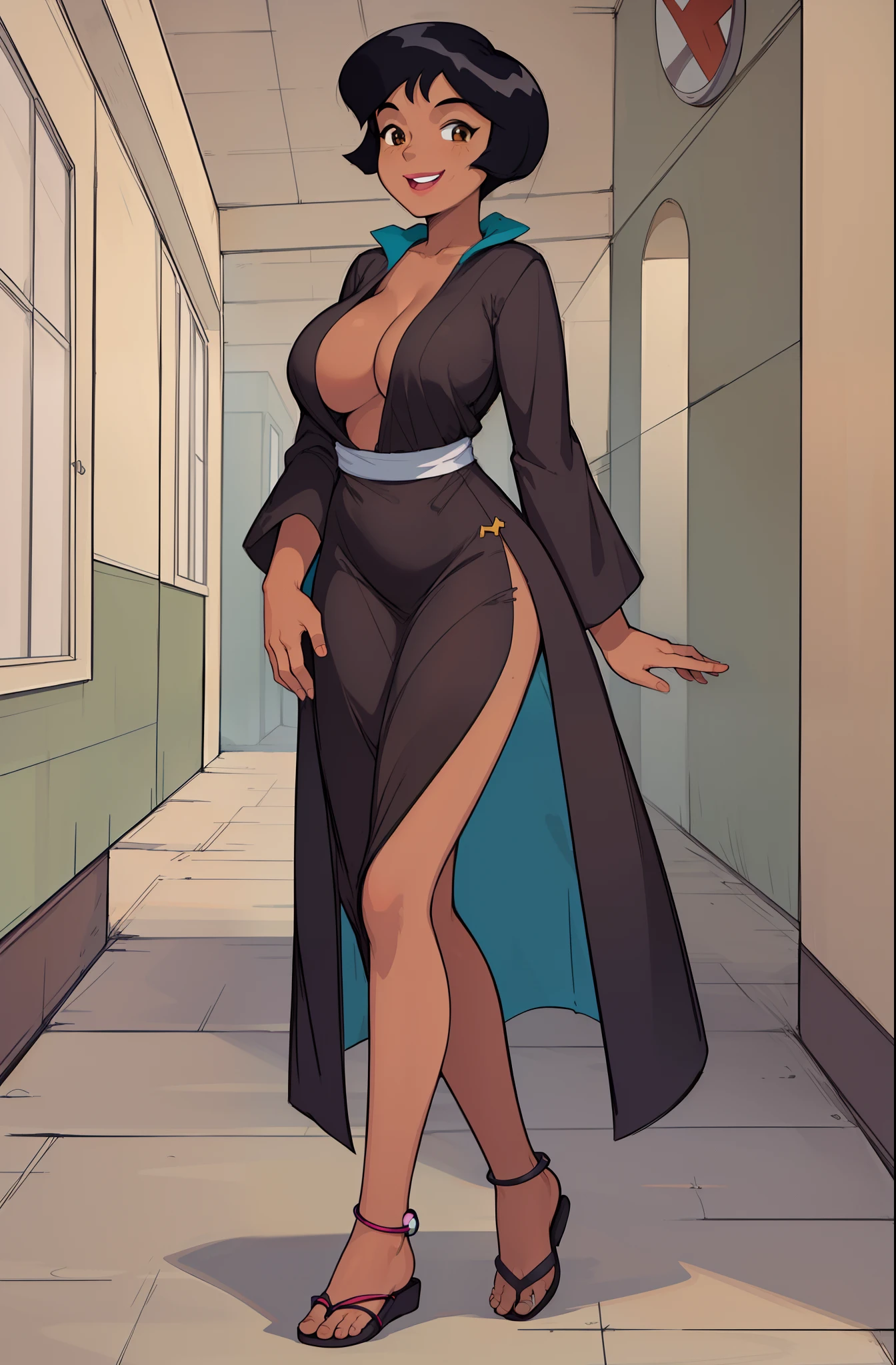 ((masterpiece, best quality)), 1girl,solo, upper body, alex, short hair, black hair, brown eyes, dark skin, tan, lipstick, black shirt, retro artstyle, gradient background,smile, walking, big breast,full body, flipflops, village , long robe, feet