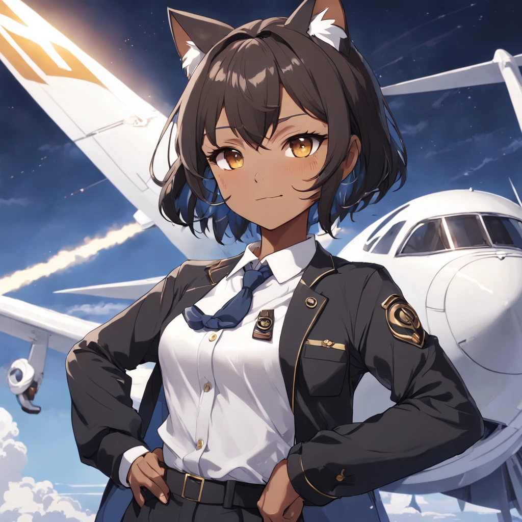 1girl, short black bob hair, yellow eyes, Round glasses, tan skin,dark skin ,BROWN SKIN, SHE HAS LIGHT BROWN SKIN, petite body, wearing plain white formal work shirt, wearing long black pants, business tie, absurdres, high res, ultrasharp, 8k, masterpiece, looking at viewer, cat ears, airline pilot uniform, airline pilot hat, white background, short sleeve, bangs, flat chest, whiskers, androgynous, she has cat ears on her head, she has cat teeth, cloudy background, holding pet black cat, smiling