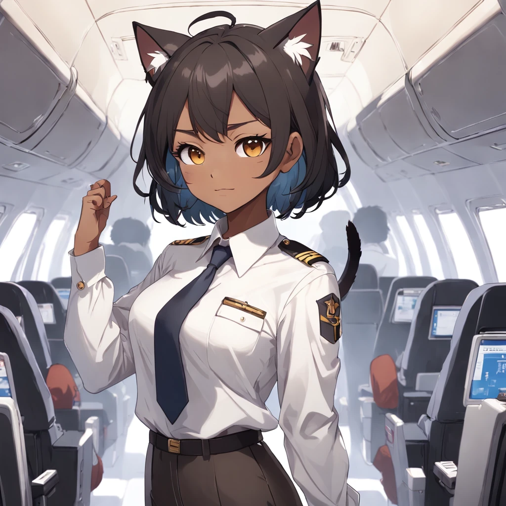 1girl, short black bob hair, yellow eyes, Round glasses, tan skin,dark skin ,BROWN SKIN, SHE HAS LIGHT BROWN SKIN, petite body, wearing plain white formal work shirt, wearing long black pants, business tie, absurdres, high res, ultrasharp, 8k, masterpiece, looking at viewer, cat ears, airline pilot uniform, airline pilot hat, white background, short sleeve, bangs, flat chest, whiskers, androgynous, she has cat ears on her head, she has cat teeth, cloudy background, holding pet black cat, smiling