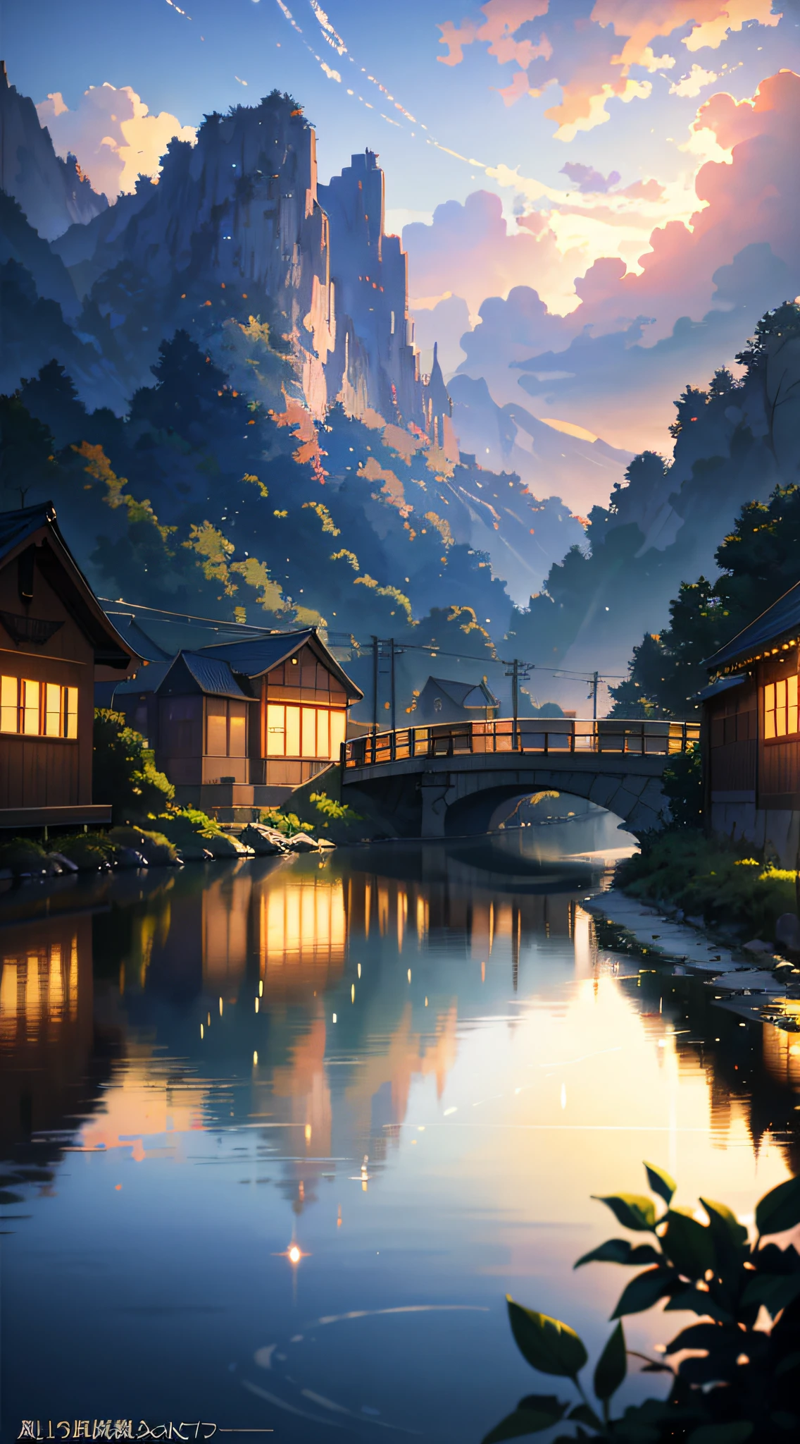 High quality masterpiece ，scenecy，Anime train passing through bodies of water on tracks， nigh sky。Romantic train，pixiv，concept-art，Lofi art style，Reflectors。 by makoto shinkai, lofi art, beautiful anime scenes, Anime landscapes, Detailed scenery —width 672, in style of makoto shinkai, style of makoto shinkai，Detail enhancement。