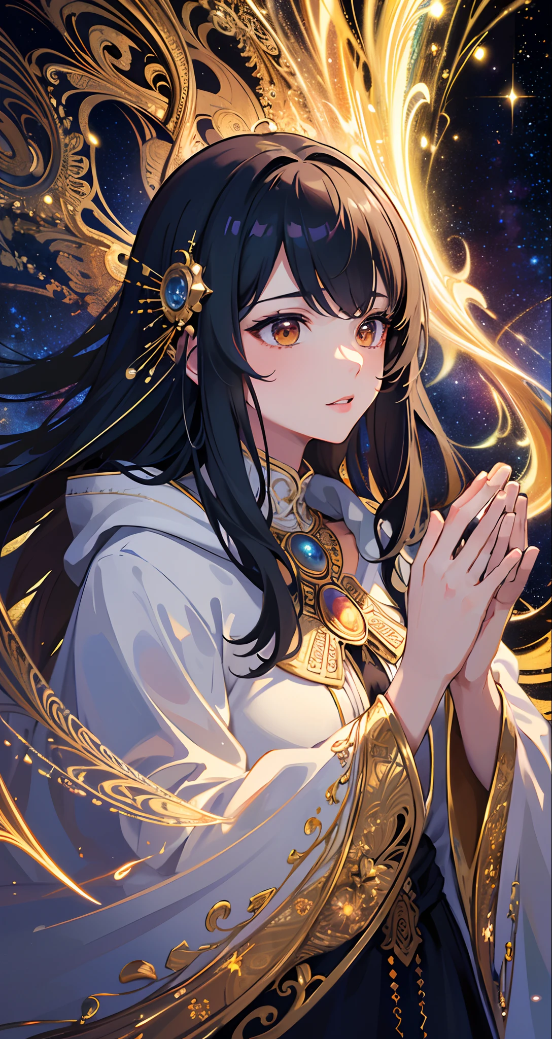 (masterpiece, top quality, best quality, official art, beautiful and aesthetic:1.2), (1man), extreme detailed, (fractal art:1.3), colorful, highest detailed, perfect face, upper body, HDR, (praying:1.3), (white cloak golden lines:1.2), galaxy, (light streaks), striking visuals, (dynamic streaks, luminous trails:1.2), vibrant colors,