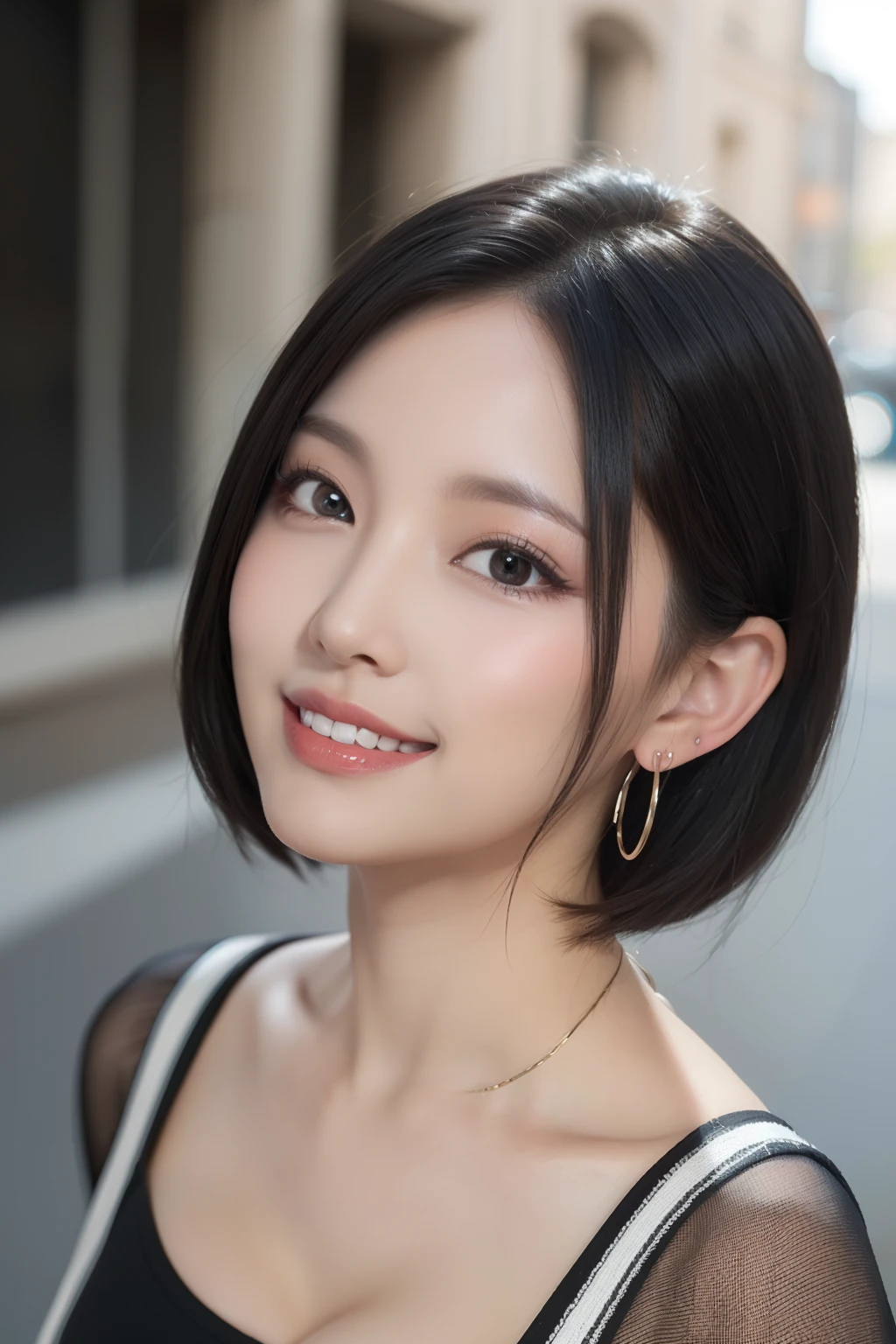Black hair, hair bobbles, longeyelashes, Solid Circle Eyes, lightsmile, Cute earrings, lightsmile, Shy, puckered lips, surrealism, drop shadow, stereograms, depth of fields, One-person viewpoint, 8K, Super Detail, ccurate, Best Quality, hight resolution, short cut hair